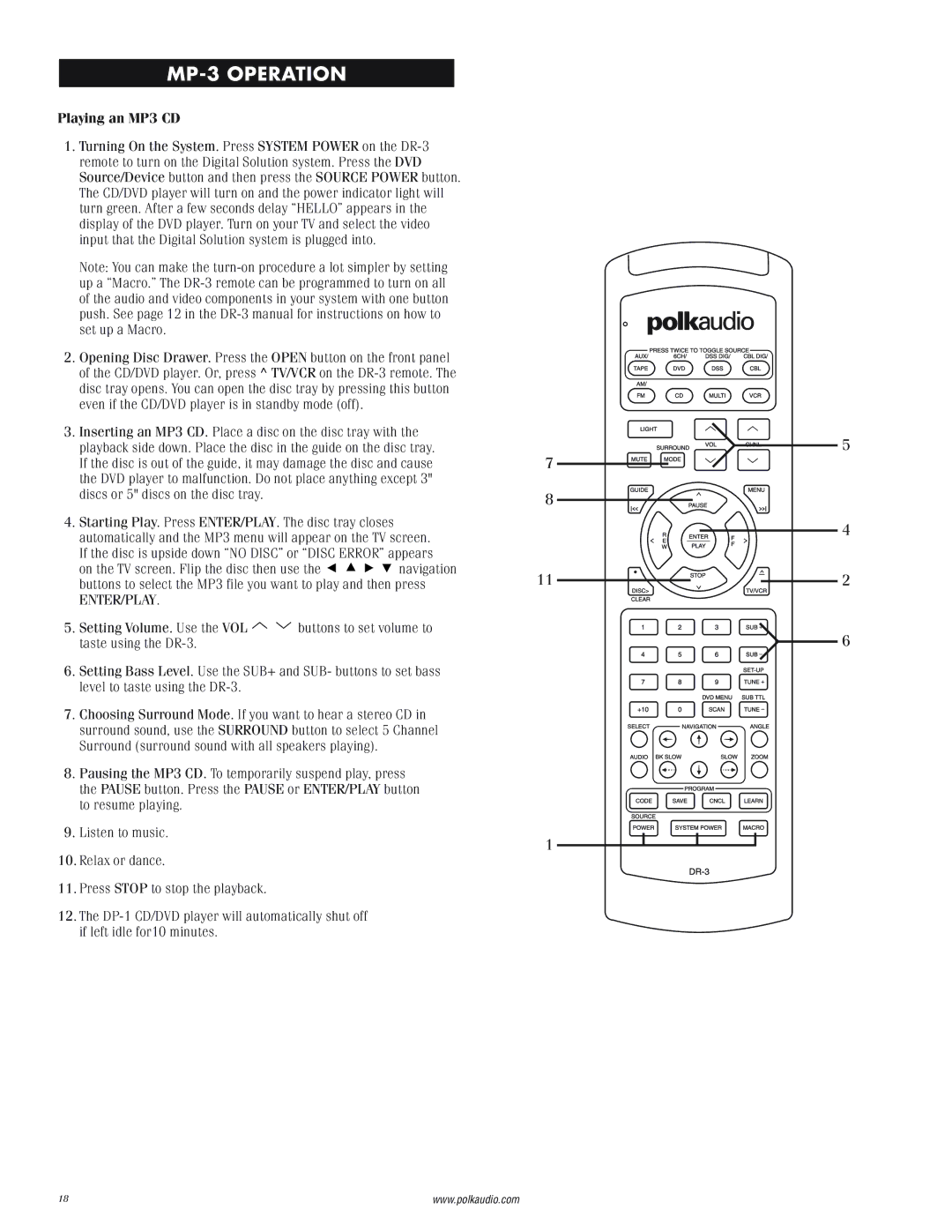 Polk Audio DP-1 manual MP-3 Operation, Playing an MP3 CD 