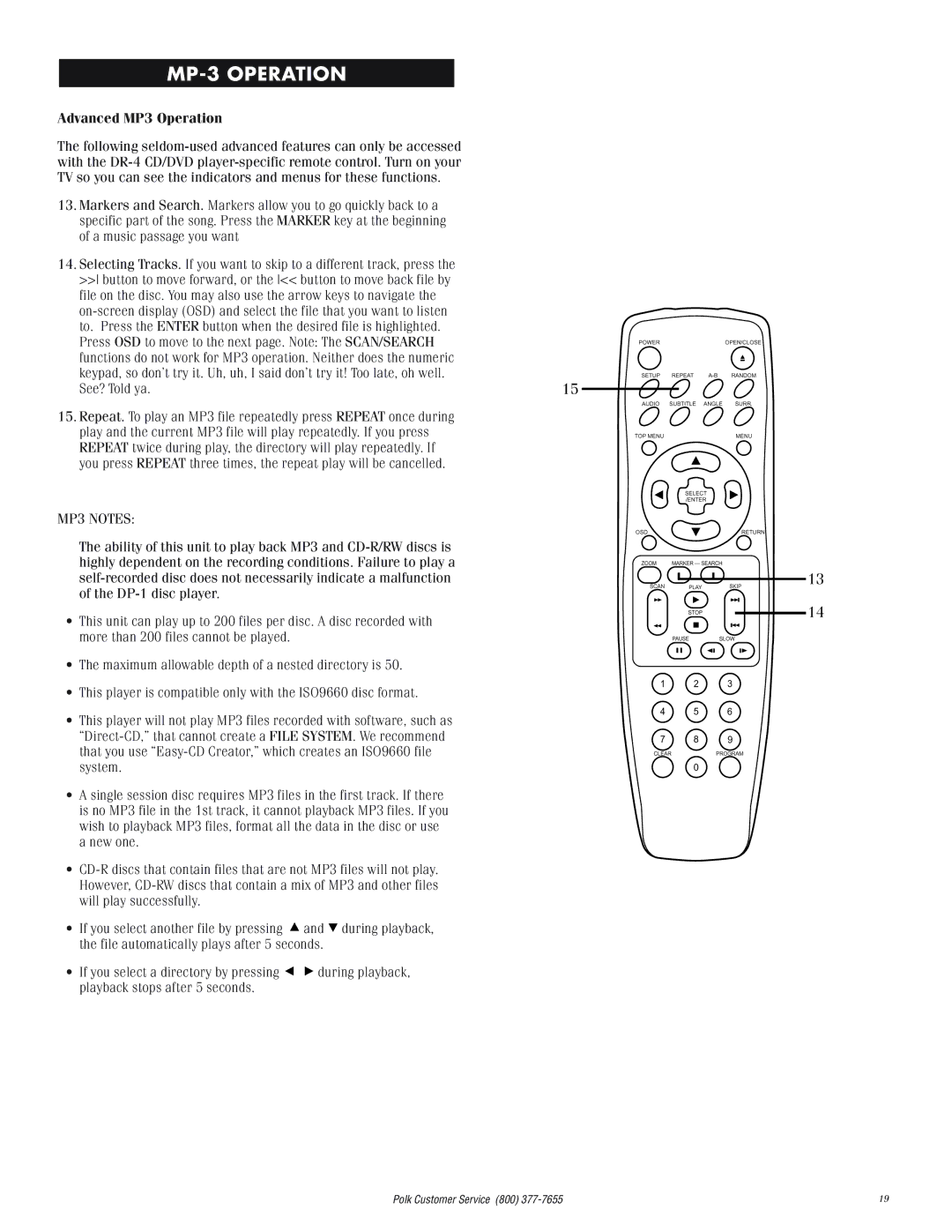 Polk Audio DP-1 manual Advanced MP3 Operation, MP3 Notes 