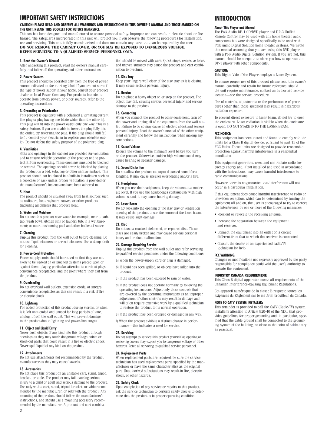 Polk Audio DP-1 manual Important Safety Instructions 