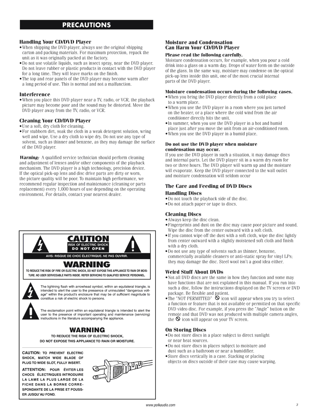 Polk Audio DP-1 manual Precautions, Please read the following carefully 