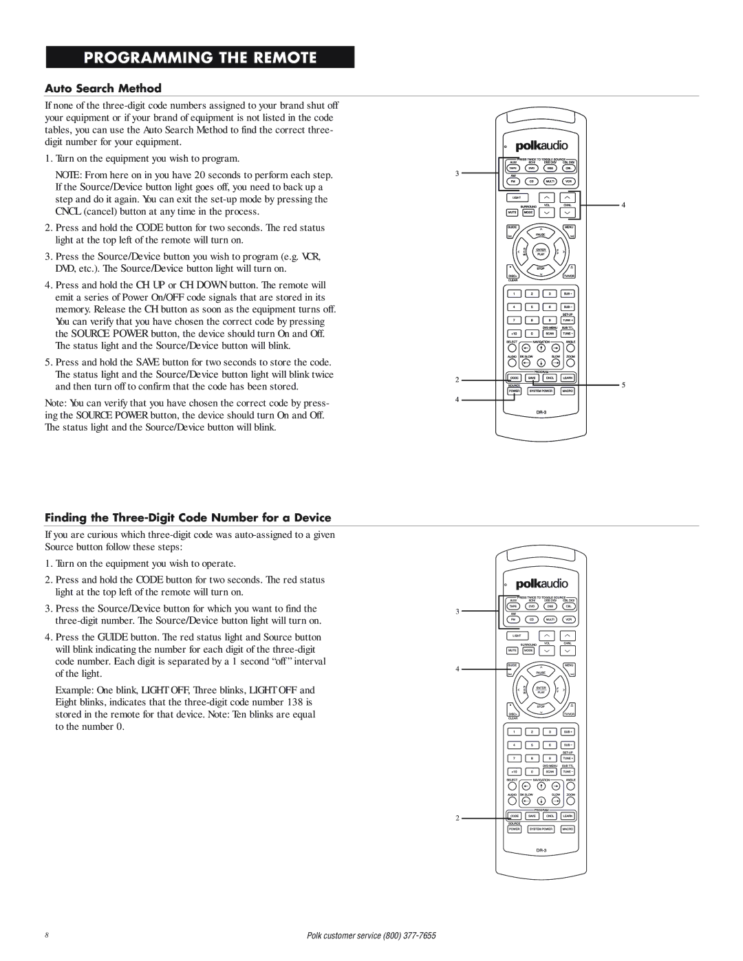 Polk Audio DP-1 manual Auto Search Method, Finding the Three-Digit Code Number for a Device 