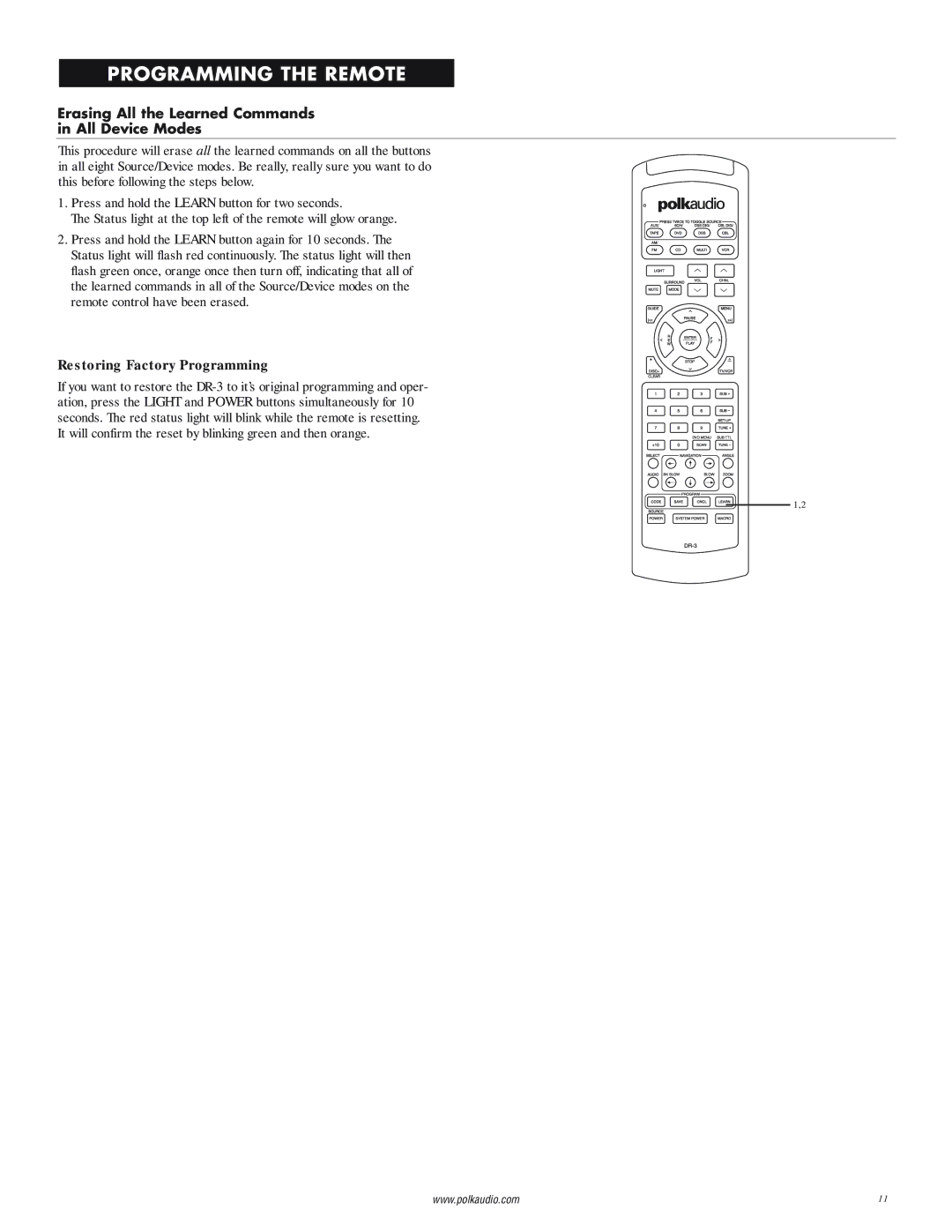 Polk Audio DP-1 manual Erasing All the Learned Commands All Device Modes, Restoring Factory Programming 