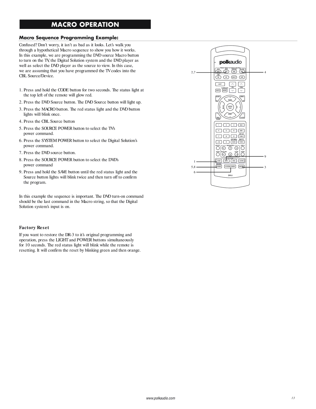 Polk Audio DP-1 manual Macro Sequence Programming Example, Factory Reset 