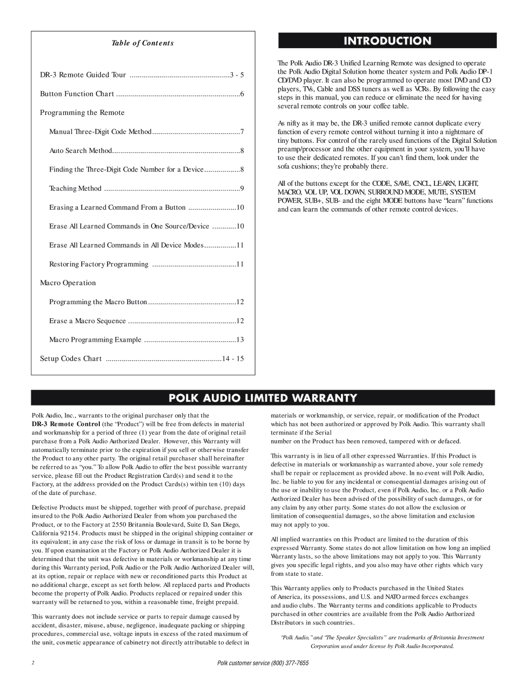 Polk Audio DR-3 instruction manual Introduction, Polk Audio Limited Warranty 