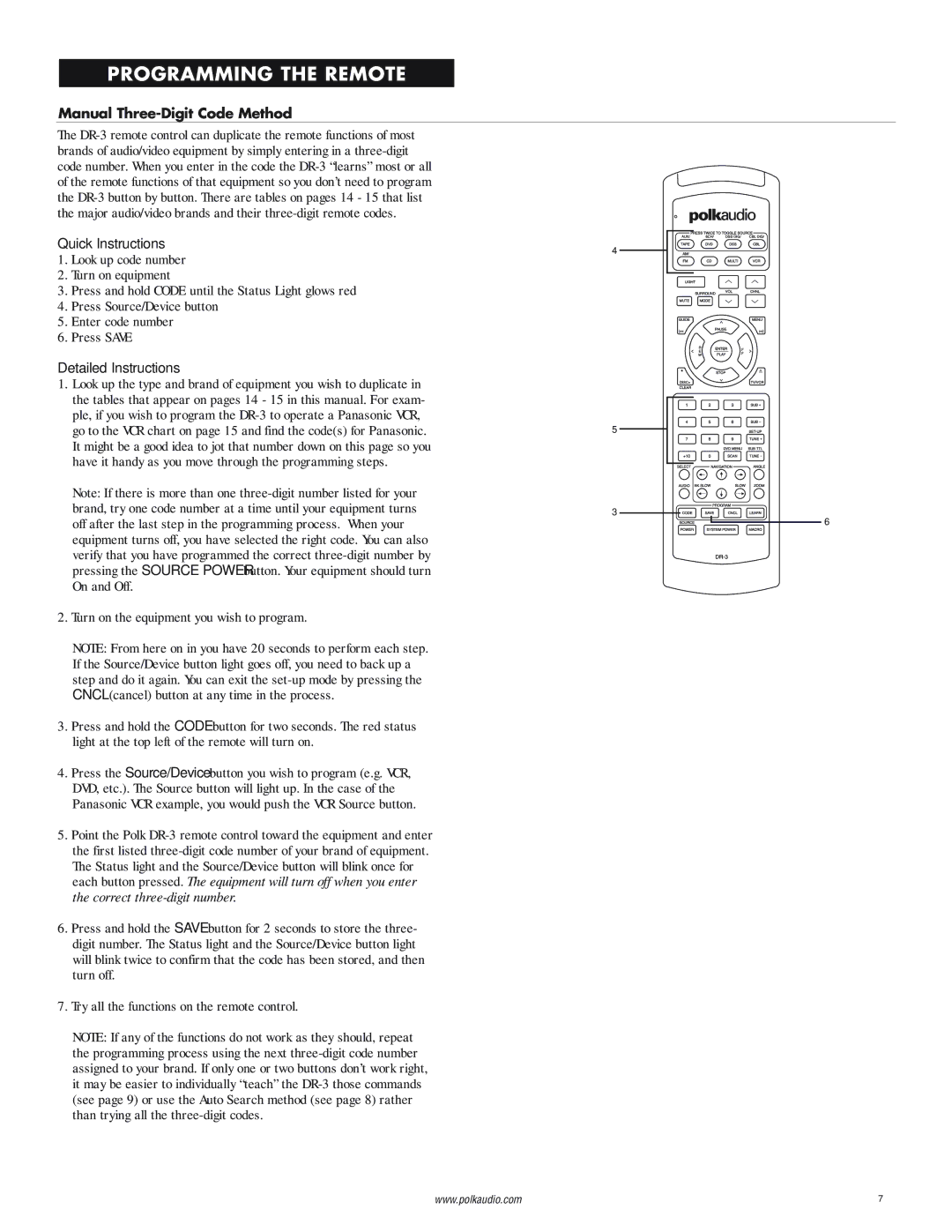 Polk Audio DR-3 instruction manual Programming the Remote, Manual Three-Digit Code Method 