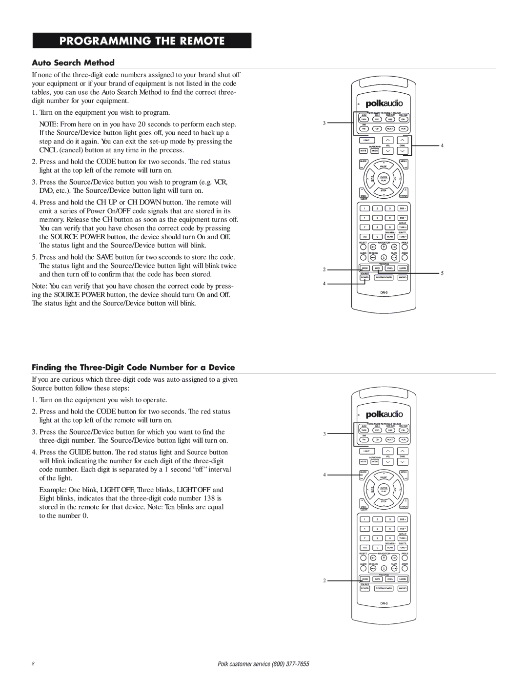 Polk Audio DR-3 instruction manual Auto Search Method, Finding the Three-Digit Code Number for a Device 