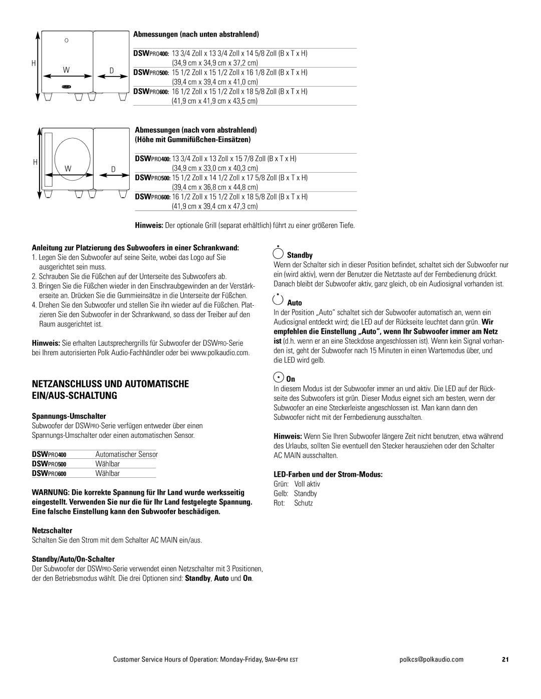 Polk Audio DSW PRO 600, DSW PRO 500, DSW PRO 400 owner manual Netzanschluss UND Automatische EIN/AUS-SCHALTUNG 