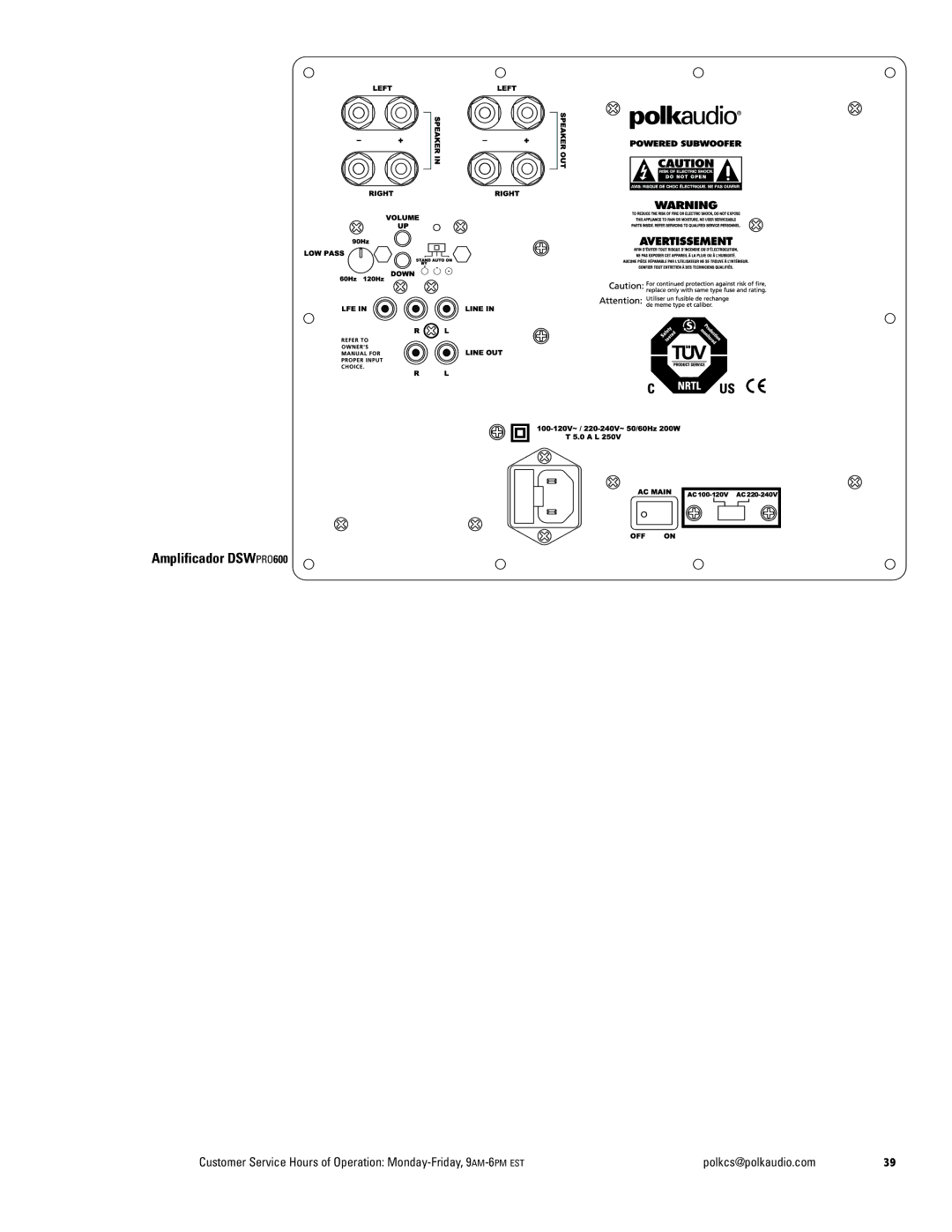 Polk Audio DSW PRO 600, DSW PRO 500, DSW PRO 400 owner manual Amplificador DSWPRO600 