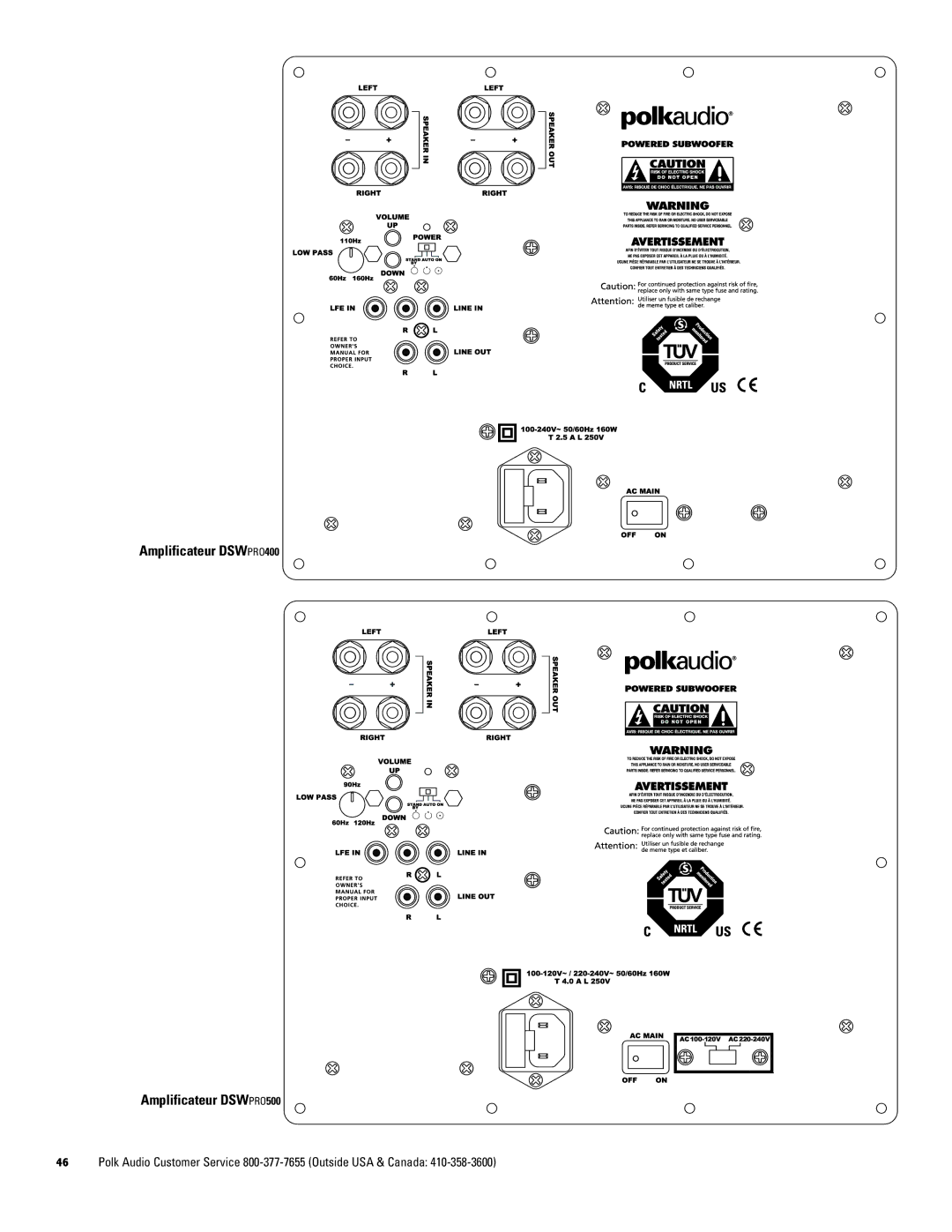 Polk Audio DSW PRO 500, DSW PRO 600, DSW PRO 400 owner manual Amplificateur DSWPRO400 Amplificateur DSWPRO500 