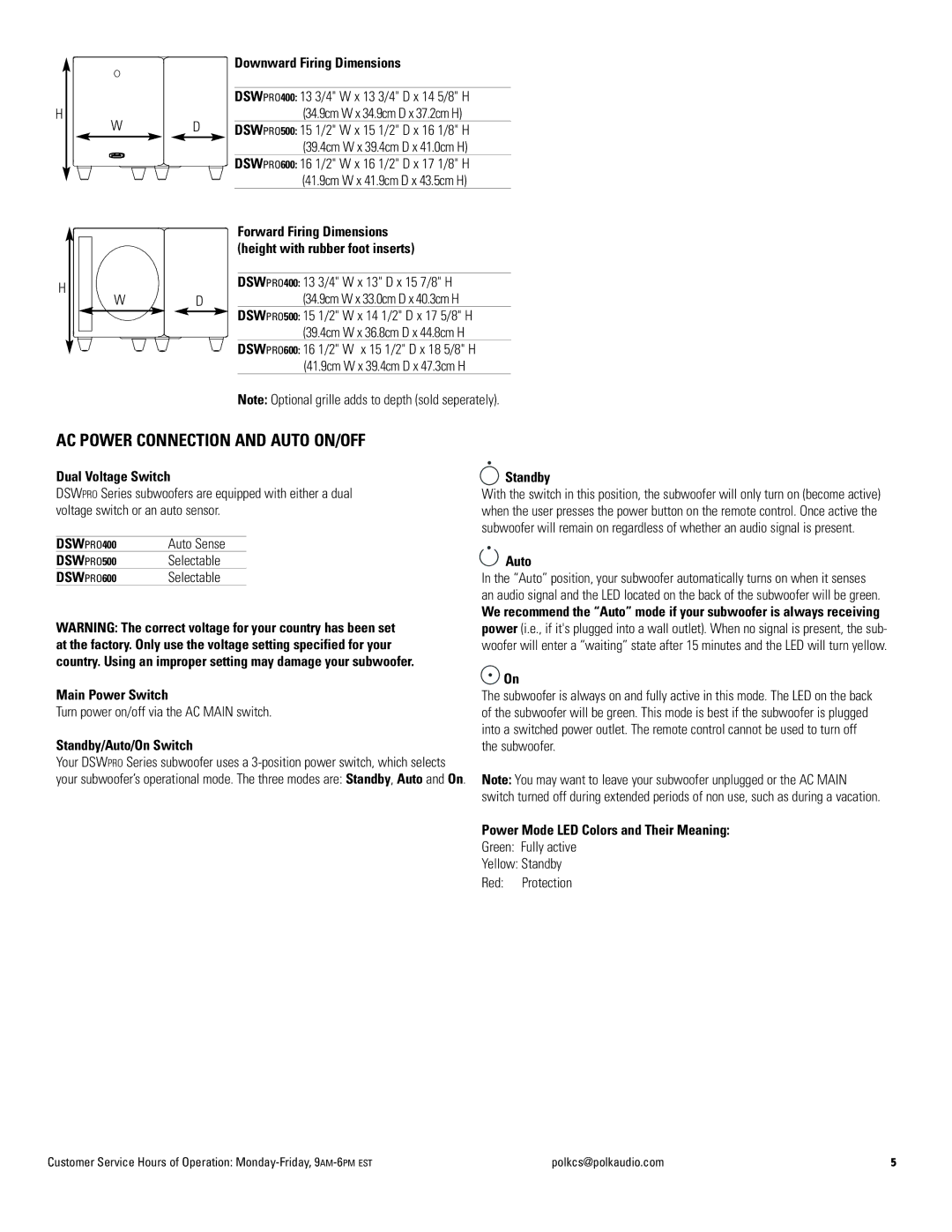 Polk Audio DSW PRO 400, DSW PRO 600, DSW PRO 500 AC Power Connection and Auto ON/OFF, DSWPRO400, DSWPRO500, DSWPRO600 