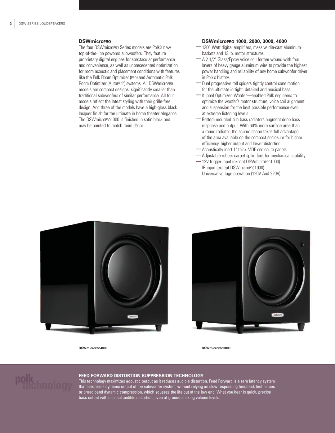 Polk Audio manual Feed Forward Distortion Suppression Technology, DSW Series Loudspeakers 