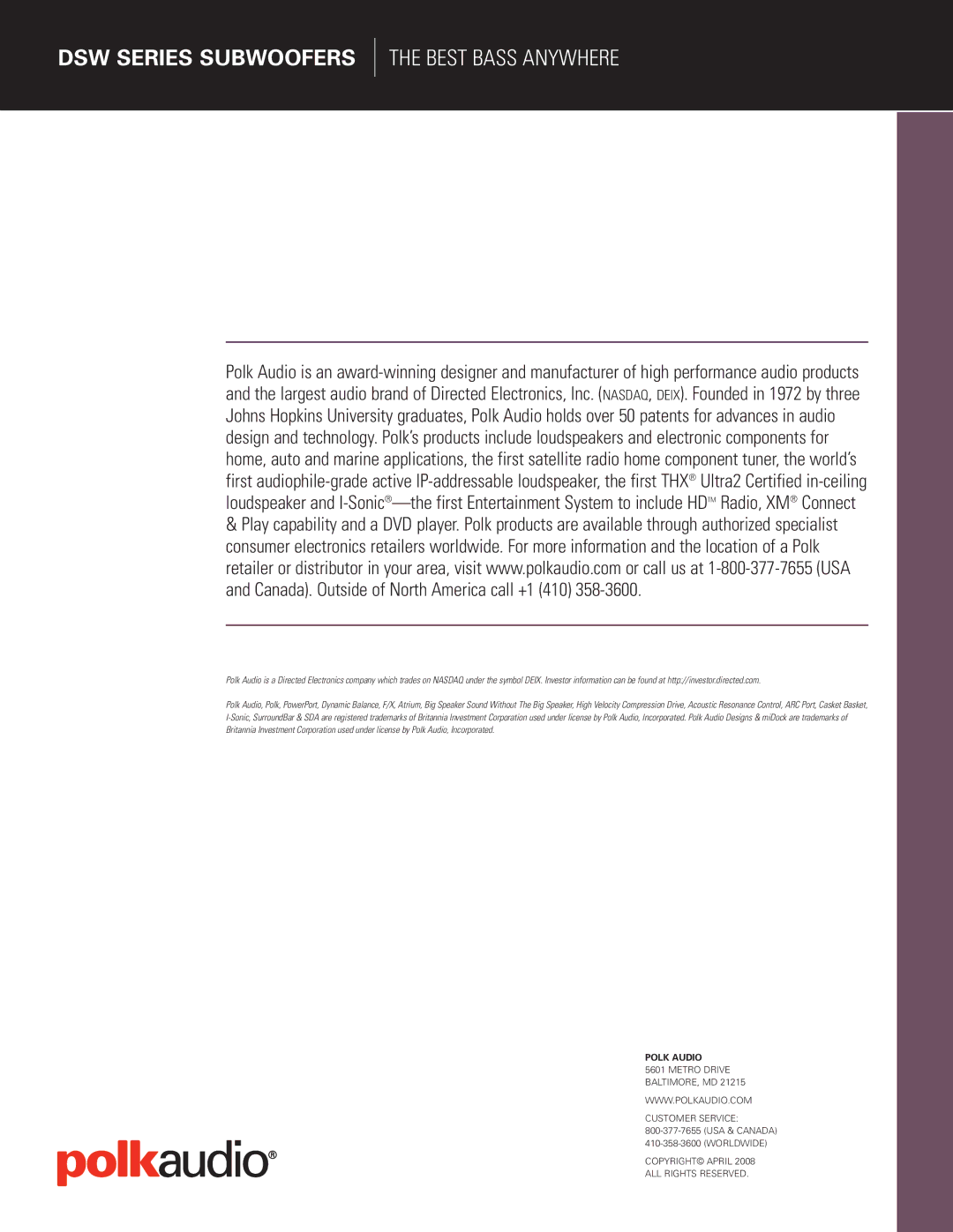 Polk Audio DSW Series manual Polk Audio, Metro Drive BALTIMORE, MD Customer Service, Copyright April ALL Rights Reserved 