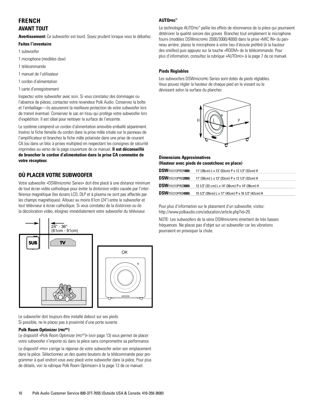 Polk Audio DSWmicroPRO1000 owner manual French, Avant Tout, OÙ Placer Votre Subwoofer 