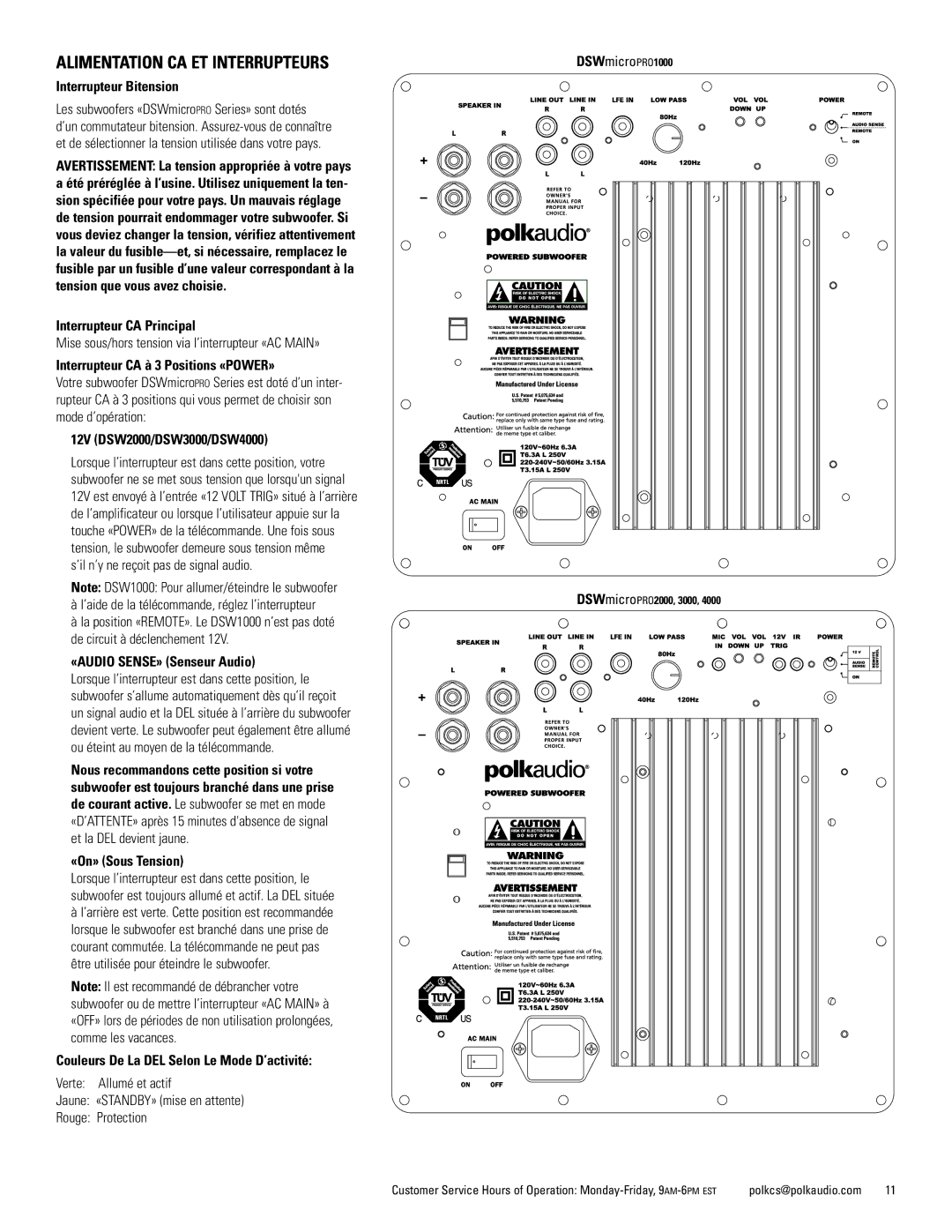 Polk Audio DSWmicroPRO1000 owner manual Alimentation CA ET Interrupteurs 