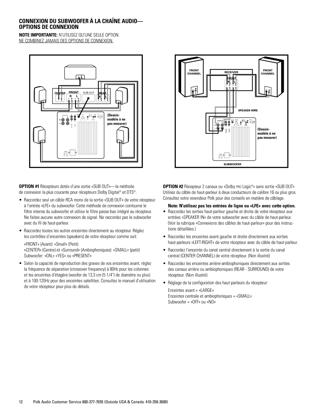 Polk Audio DSWmicroPRO1000 owner manual «FRONT» Avant «Small» Petit, Subwoofer «ON,» «YES» ou «PRESENT» 