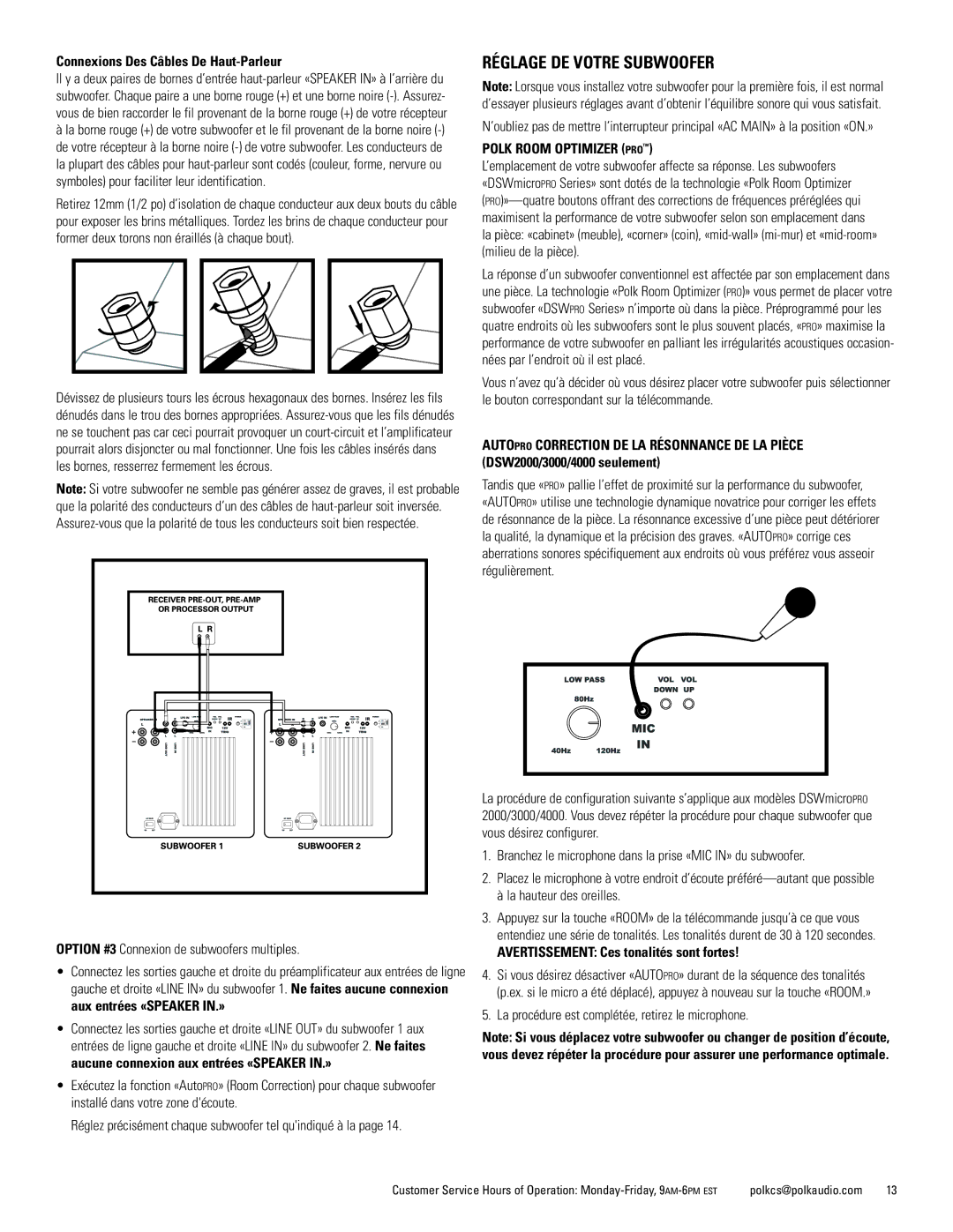 Polk Audio DSWmicroPRO1000 owner manual Réglage DE Votre Subwoofer, Connexions Des Câbles De Haut-Parleur 