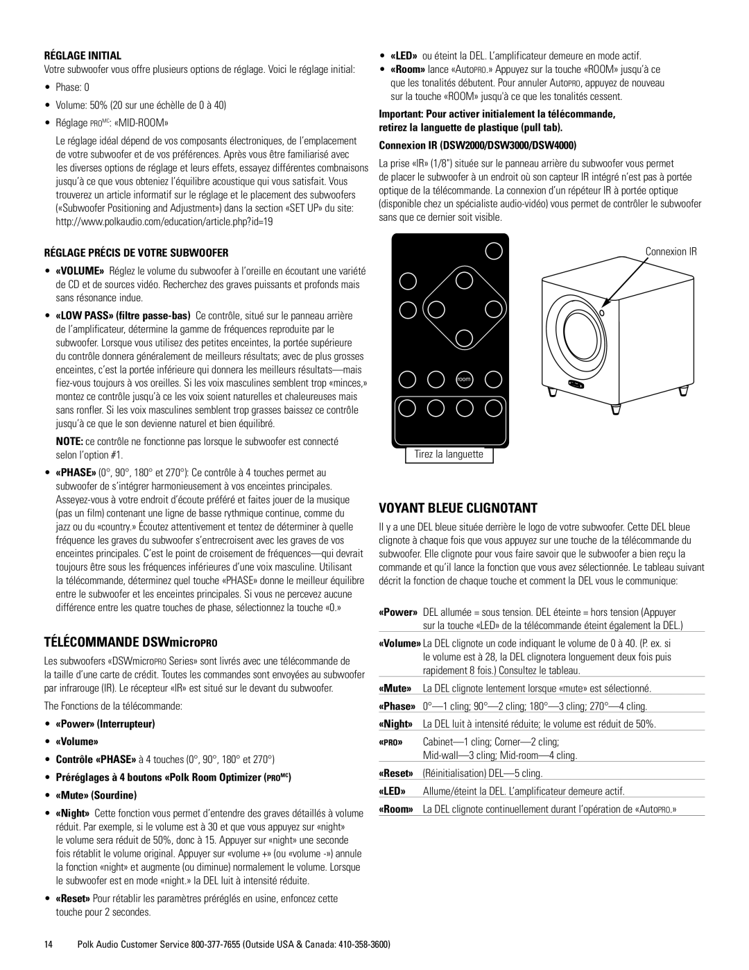 Polk Audio DSWmicroPRO1000 owner manual Télécommande DSWmicroPRO, Voyant Bleue Clignotant, Réglage Initial 