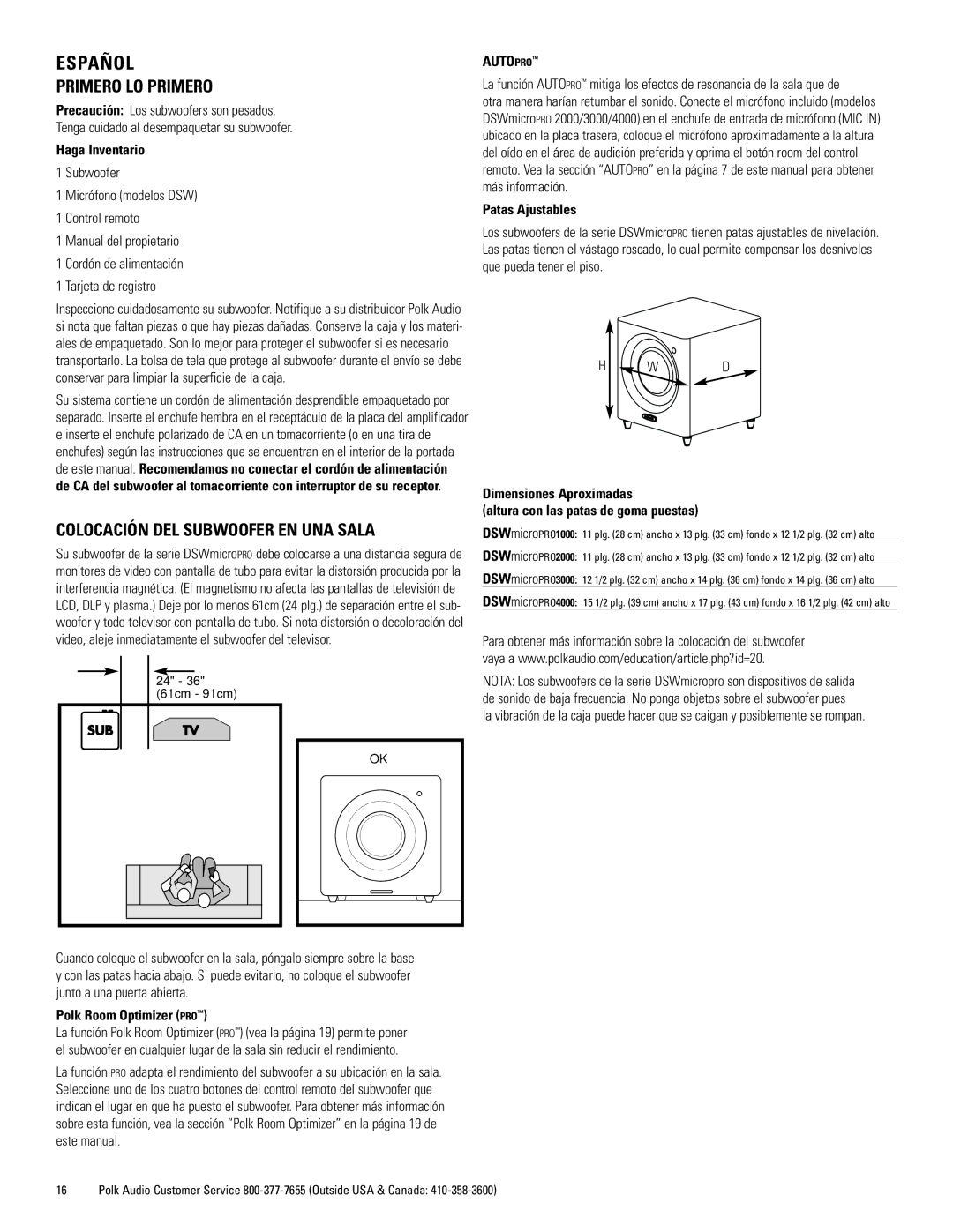 Polk Audio DSWmicroPRO1000 owner manual Español, Primero LO Primero, Colocación DEL Subwoofer EN UNA Sala, Haga Inventario 