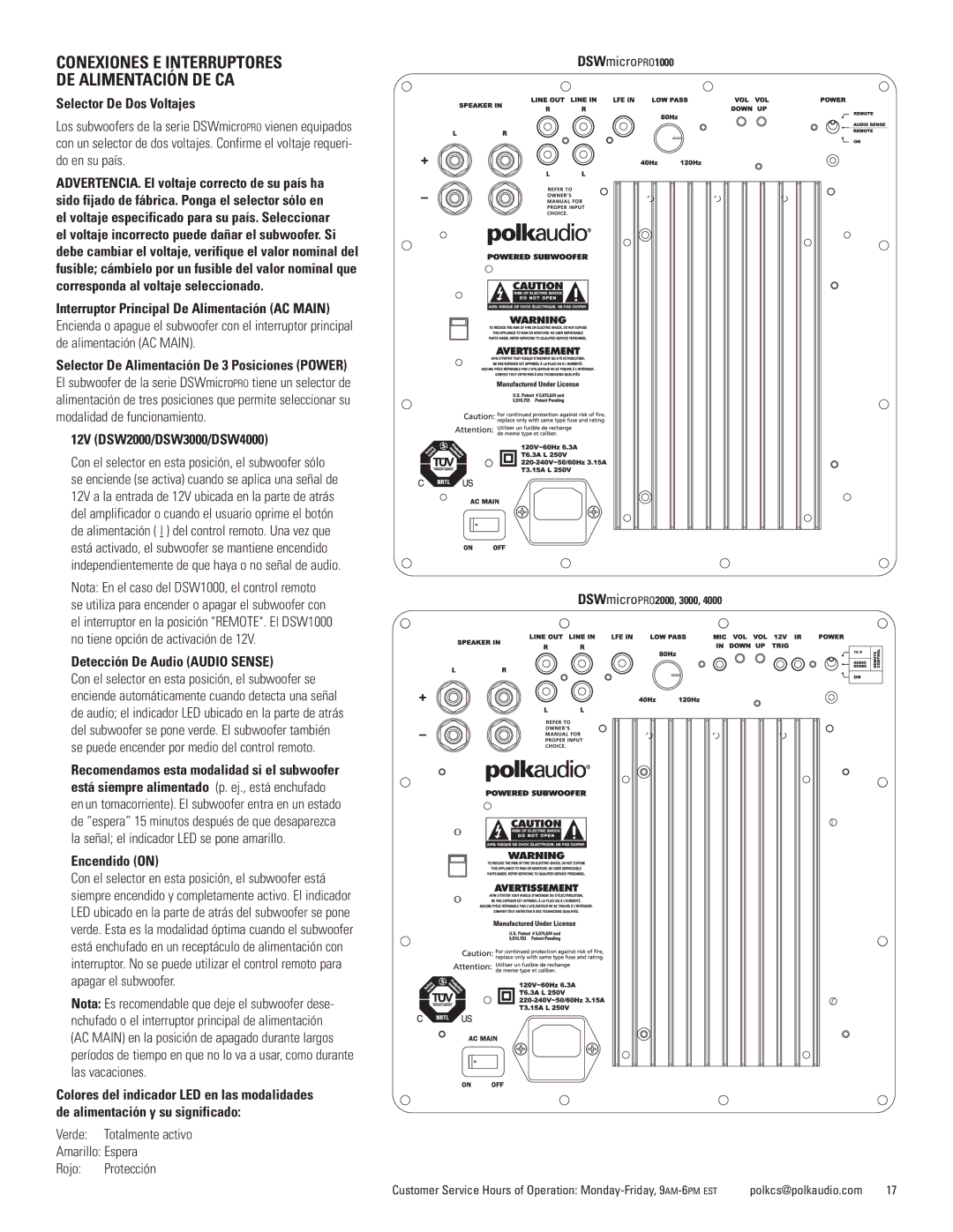 Polk Audio DSWmicroPRO1000 owner manual Conexiones E Interruptores DE Alimentación DE CA 