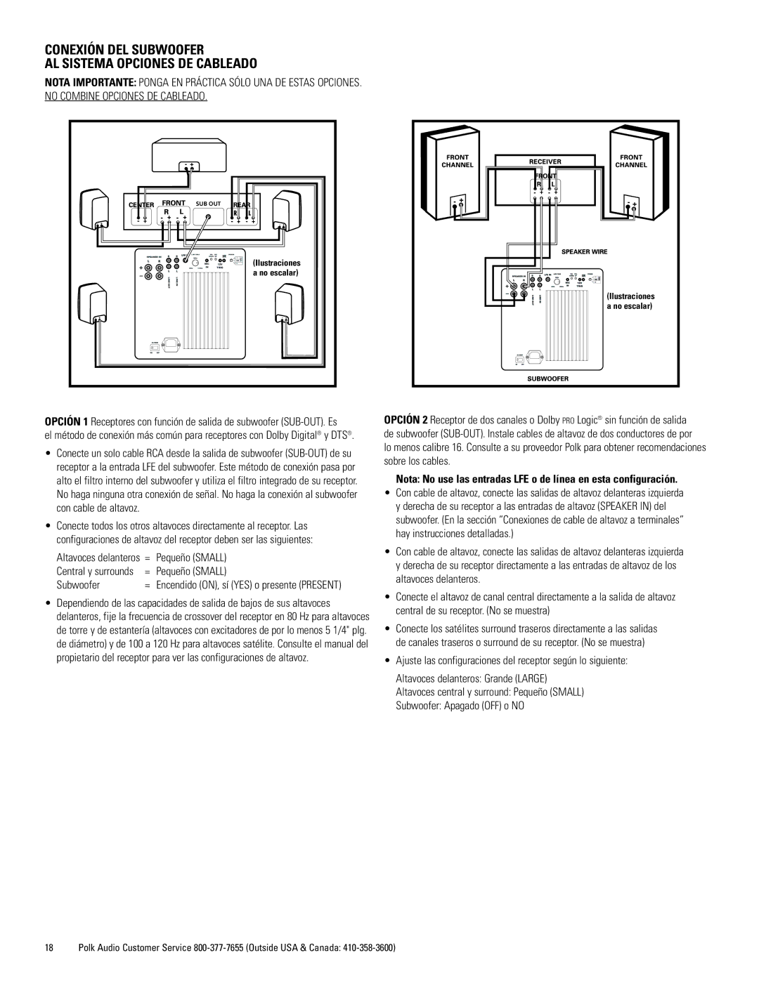 Polk Audio DSWmicroPRO1000 owner manual Conexión DEL Subwoofer AL Sistema Opciones DE Cableado, Pequeño Small 