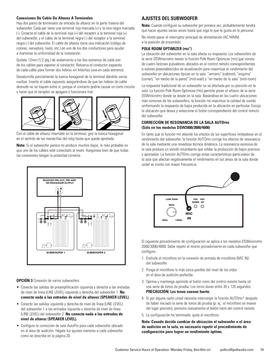 Polk Audio DSWmicroPRO1000 owner manual Ajustes DEL Subwoofer, Conexiones De Cable De Altavoz a Terminales 