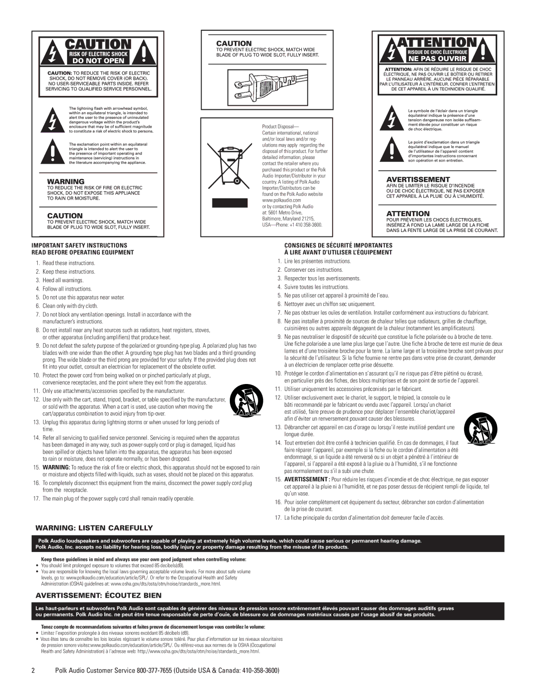 Polk Audio DSWmicroPRO1000 owner manual Avertissement Écoutez Bien 