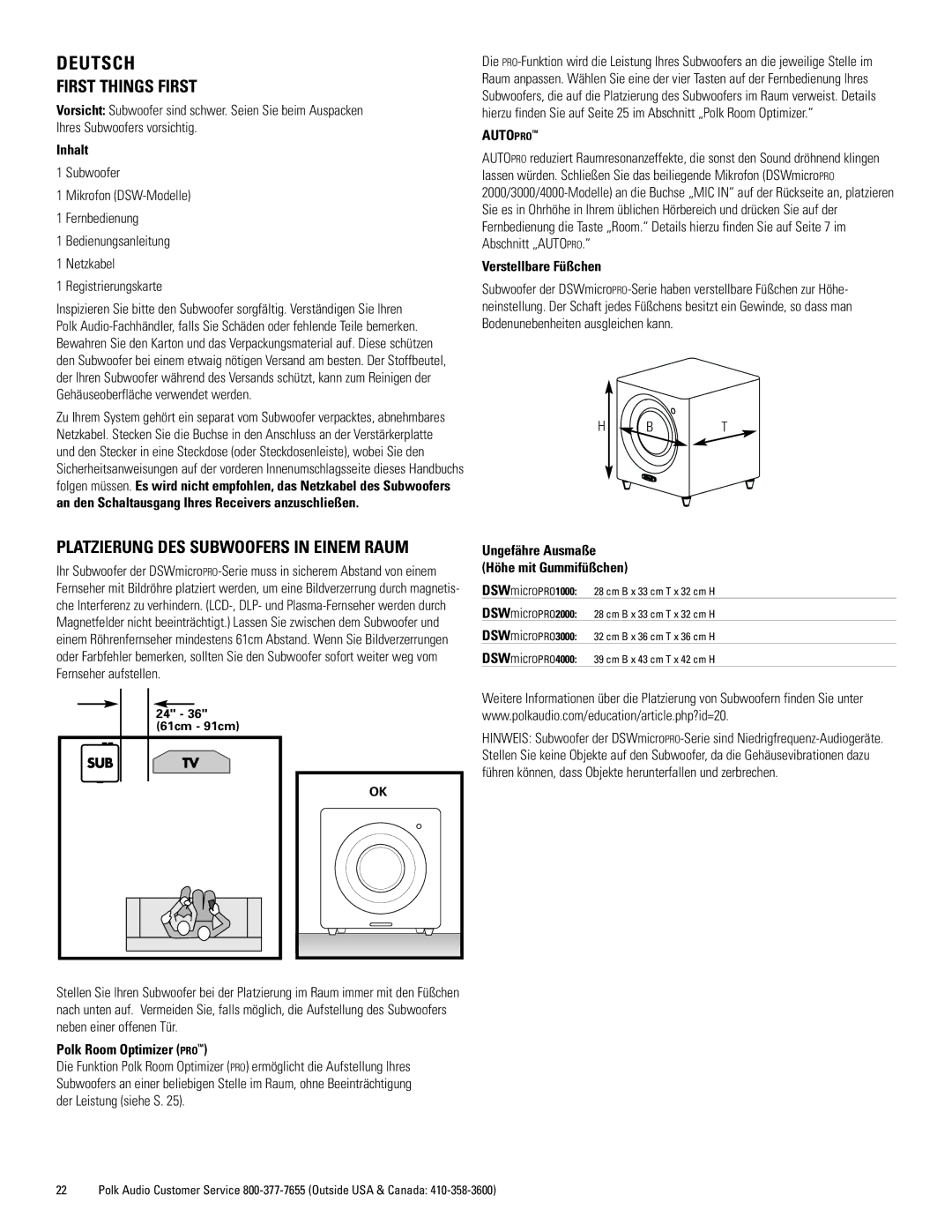 Polk Audio DSWmicroPRO1000 Deutsch, Inhalt, An den Schaltausgang Ihres Receivers anzuschließen, Verstellbare Füßchen 