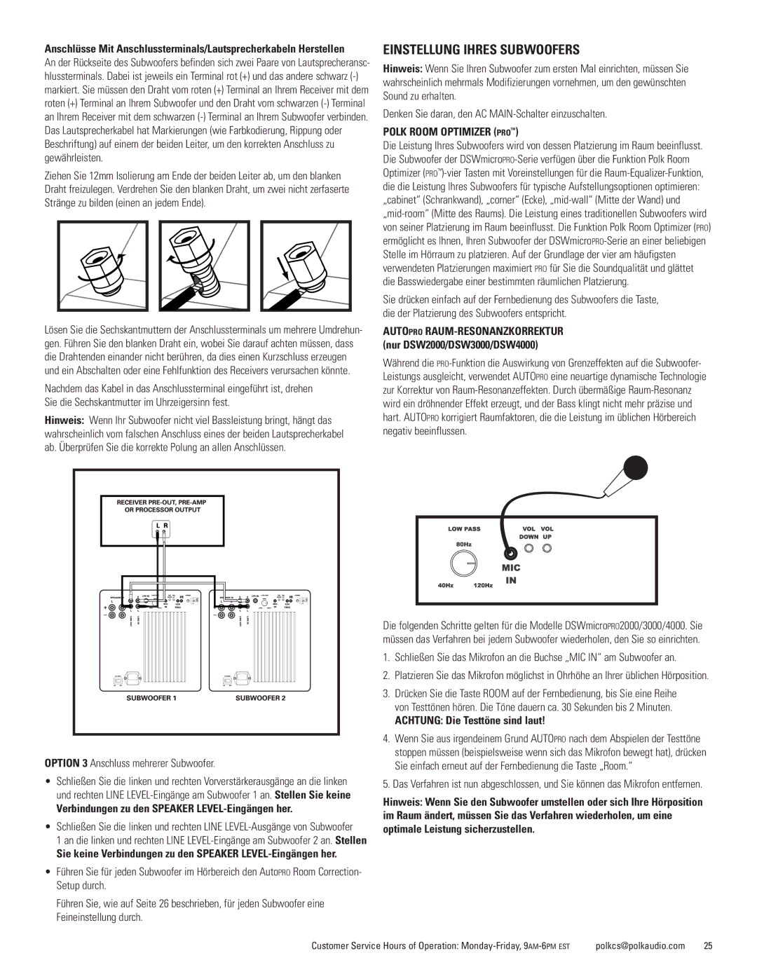 Polk Audio DSWmicroPRO1000 owner manual Einstellung Ihres Subwoofers, Verbindungen zu den Speaker LEVEL-Eingängen her 