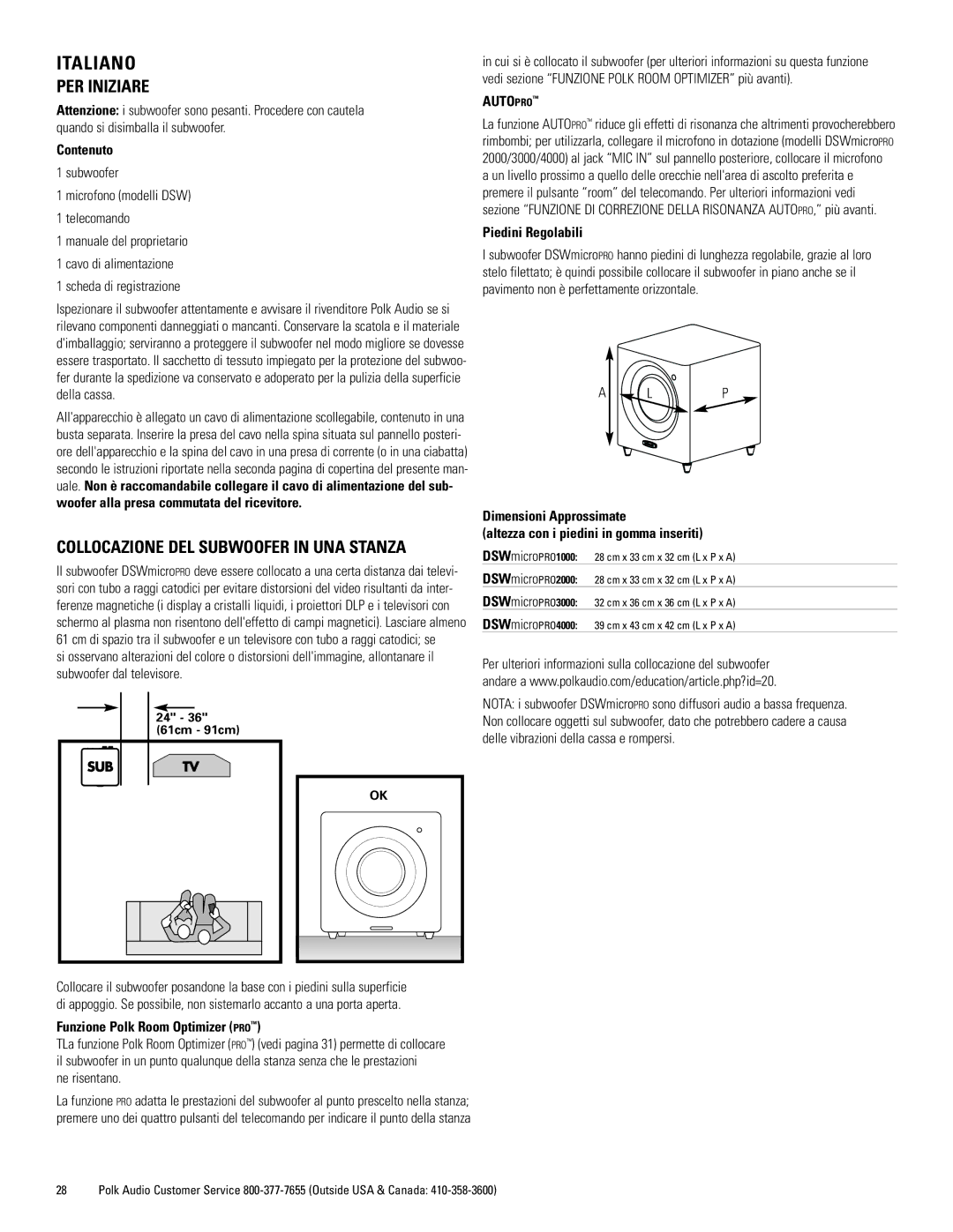 Polk Audio DSWmicroPRO1000 owner manual Italiano, PER Iniziare 