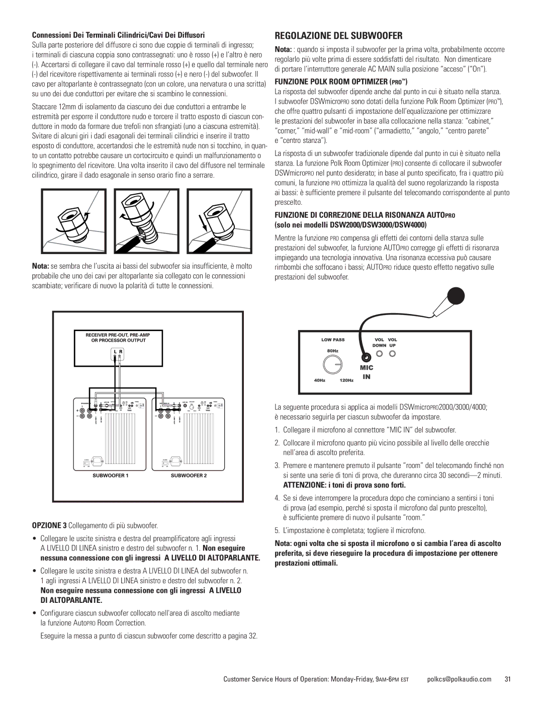 Polk Audio DSWmicroPRO1000 owner manual Regolazione DEL Subwoofer, Connessioni Dei Terminali Cilindrici/Cavi Dei Diffusori 