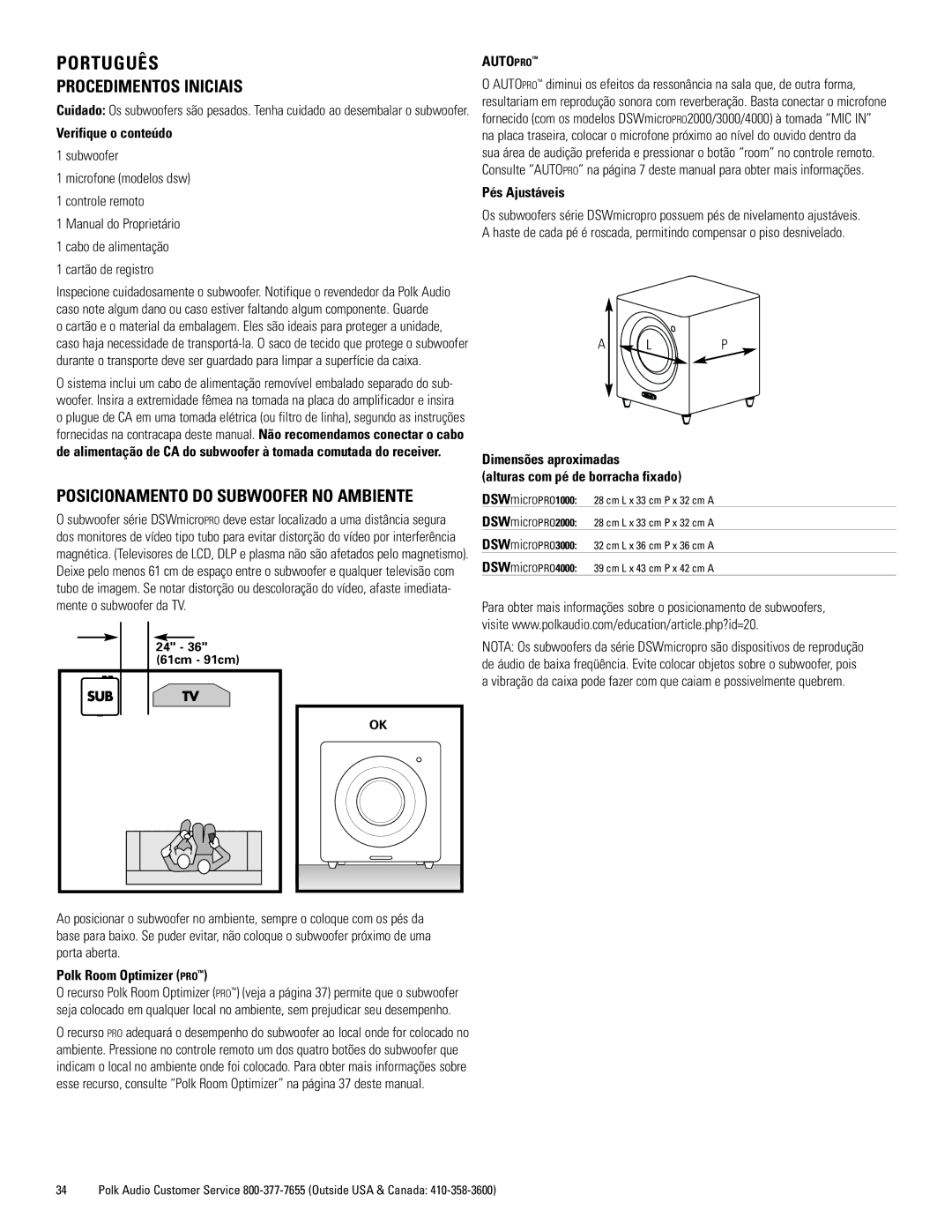 Polk Audio DSWmicroPRO1000 owner manual Português, Procedimentos Iniciais, Verifique o conteúdo, Pés Ajustáveis 