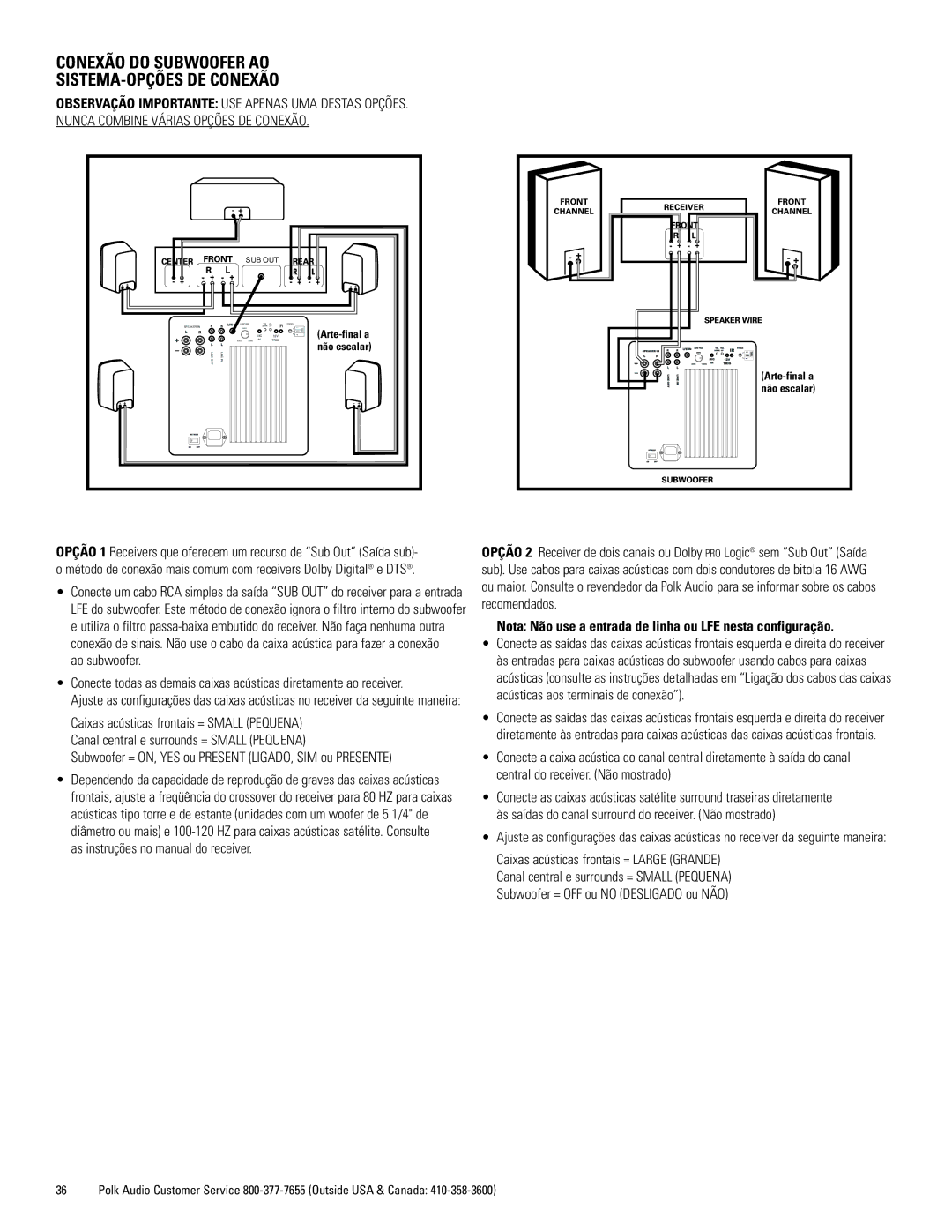 Polk Audio DSWmicroPRO1000 owner manual Conexão do Subwoofer AO SISTEMA-OPÇÕES DE Conexão, Ao subwoofer 