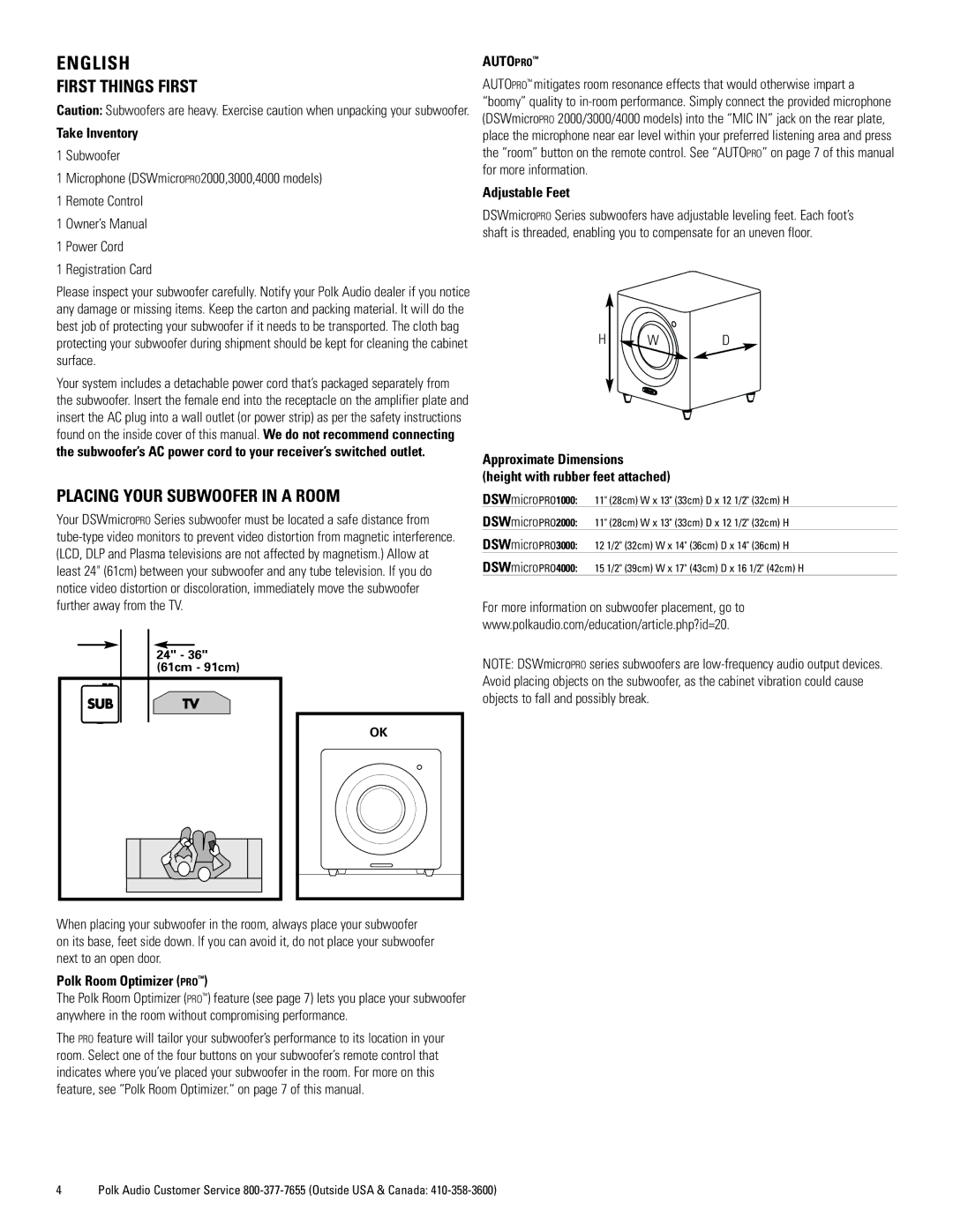 Polk Audio DSWmicroPRO1000 owner manual English, First Things First, Placing Your Subwoofer in a Room, Autopro 