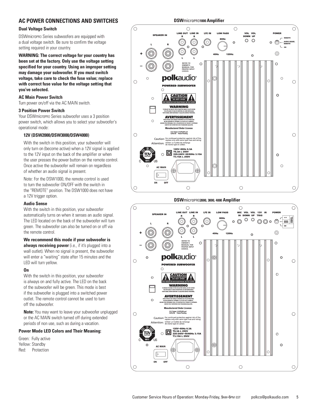 Polk Audio DSWmicroPRO1000 owner manual AC Power Connections and Switches 