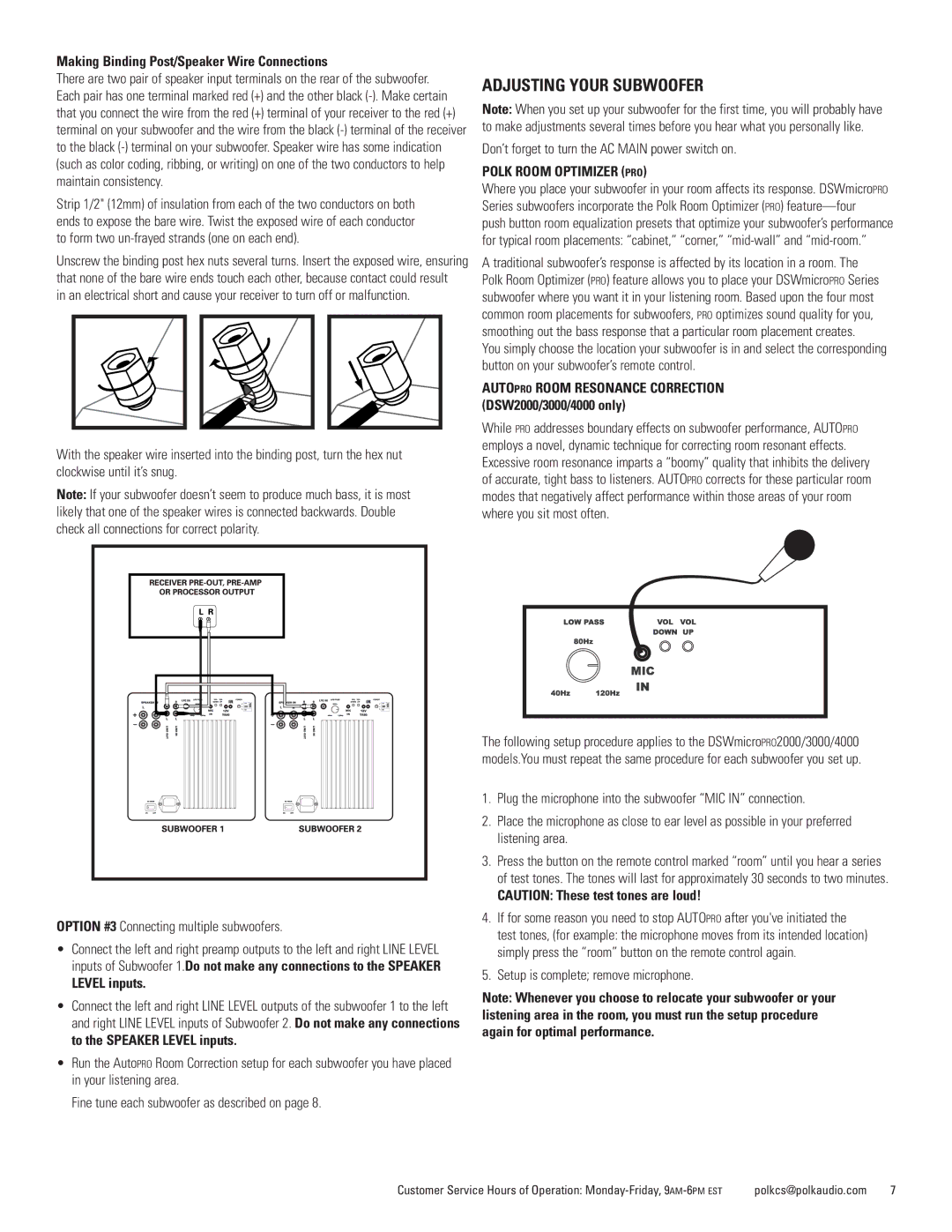 Polk Audio DSWmicroPRO1000 Adjusting Your Subwoofer, Making Binding Post/Speaker Wire Connections, Level inputs 