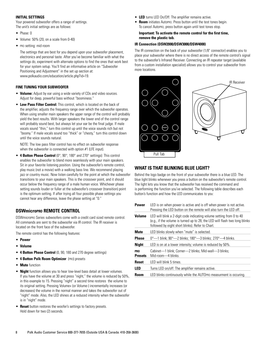 Polk Audio DSWmicroPRO1000 owner manual DSWmicroPRO Remote Control, What is That Blinking Blue LIGHT?, Initial Settings 