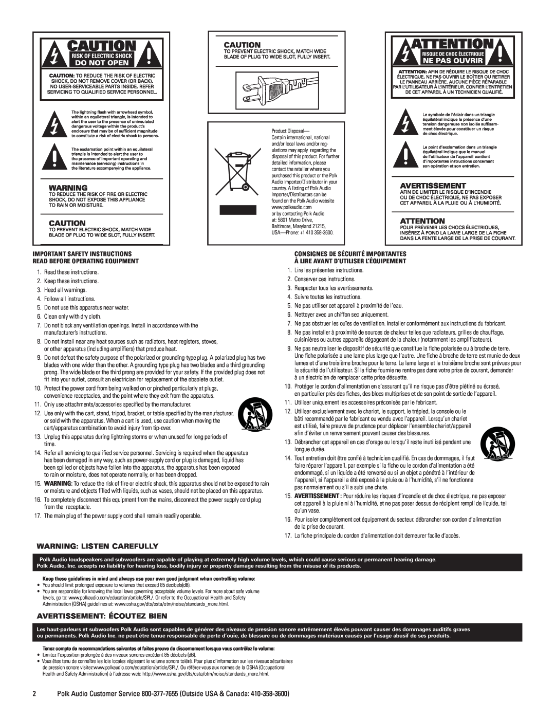 Polk Audio DSWmicroPRO1000 owner manual Warning Listen Carefully, Avertissement Écoutez Bien, Important Safety Instructions 