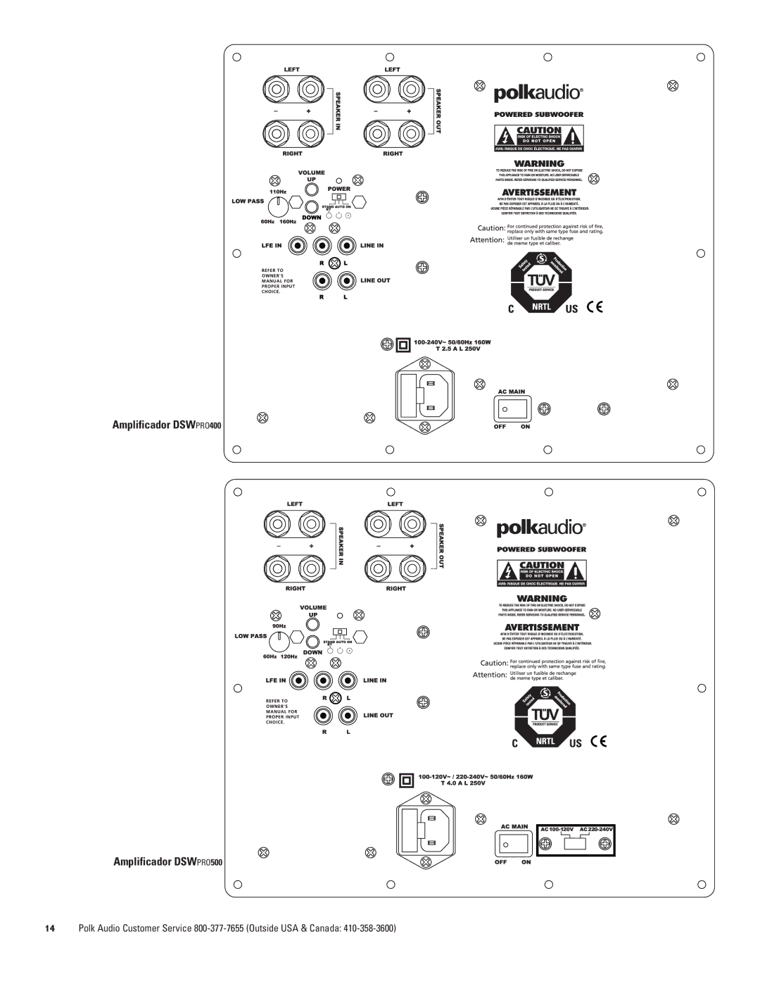 Polk Audio DSWPRO600 owner manual Amplificador DSWPRO400 Amplificador DSWPRO500 