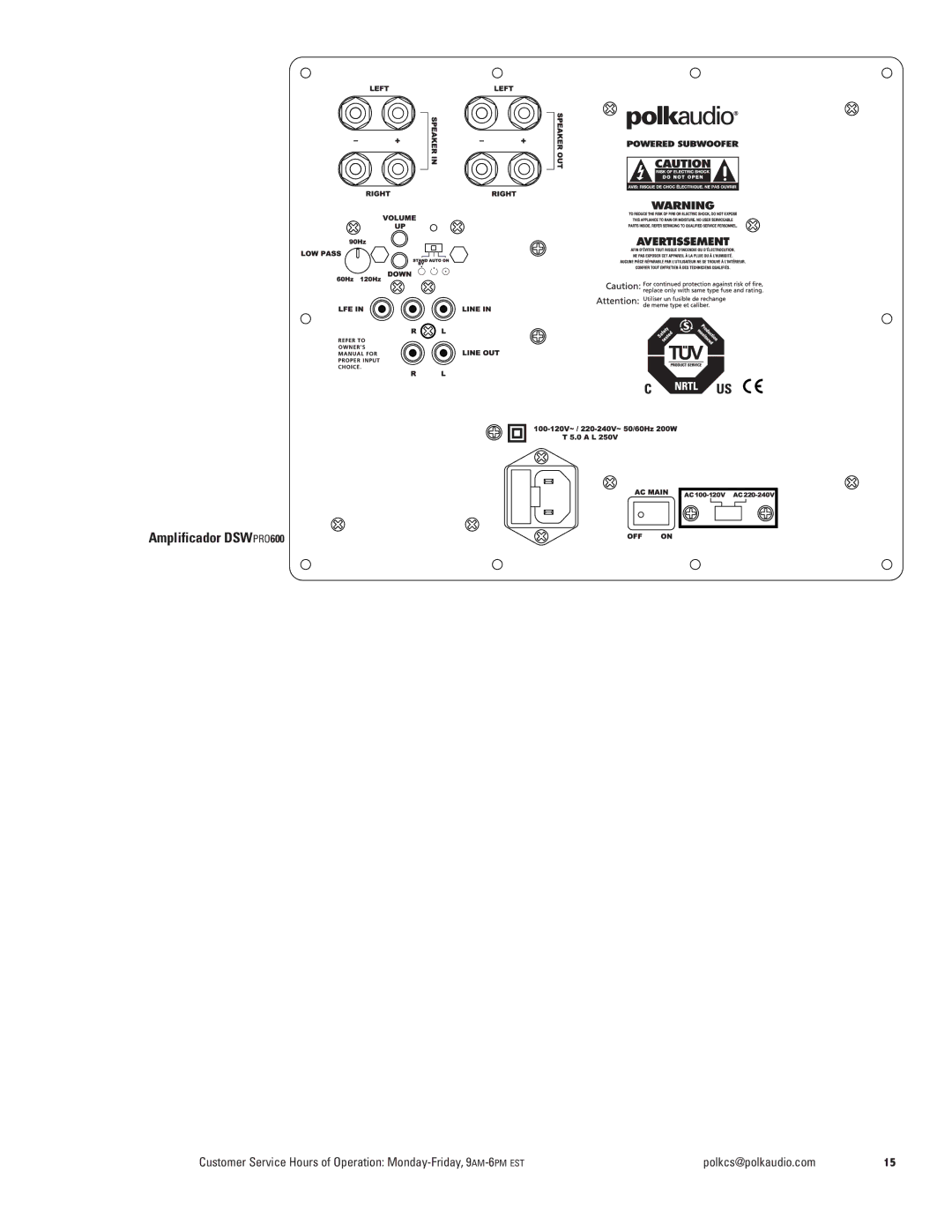 Polk Audio DSWPRO500, DSWPRO400 owner manual Amplificador DSWPRO600 