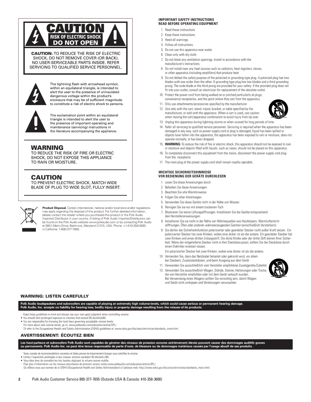 Polk Audio DSWPRO600, DSWPRO500, DSWPRO400 owner manual Avertissement Écoutez Bien 