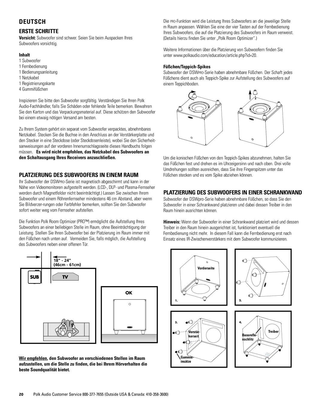 Polk Audio DSWPRO600, DSWPRO500, DSWPRO400 owner manual Erste Schritte, Inhalt, Füßchen/Teppich-Spikes 