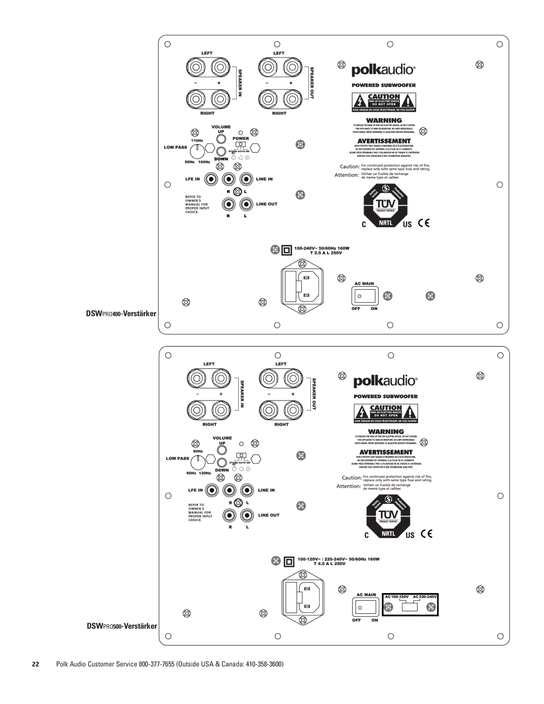 Polk Audio DSWPRO600 owner manual DSWPRO400-Verstärker DSWPRO500-Verstärker 