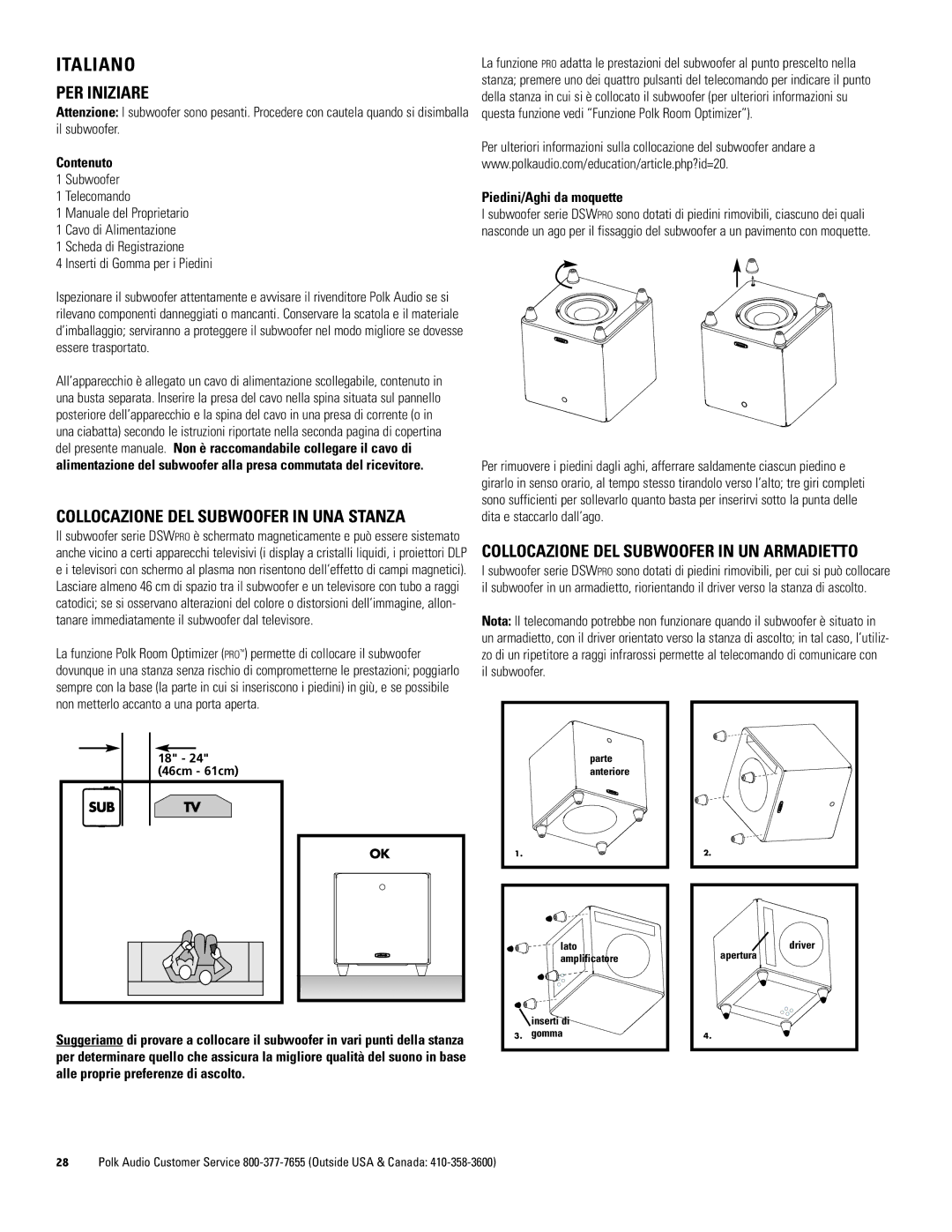 Polk Audio DSWPRO400 PER Iniziare, Collocazione DEL Subwoofer in UN Armadietto, Contenuto, Piedini/Aghi da moquette 