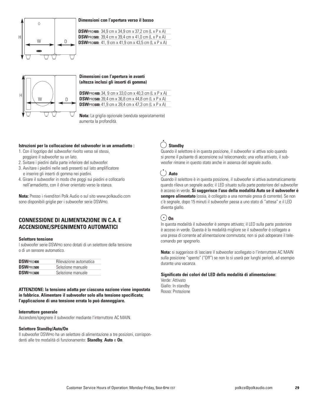 Polk Audio DSWPRO600, DSWPRO500, DSWPRO400 Dimensioni con l’apertura verso il basso, Selettore tensione, Selezione manuale 