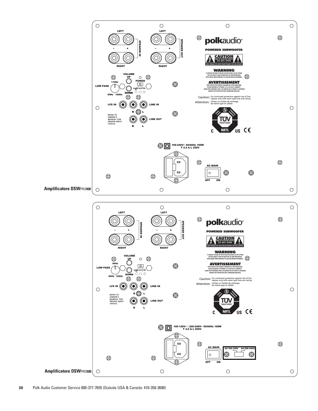 Polk Audio DSWPRO600 owner manual Amplificatore DSWPRO400 Amplificatore DSWPRO500 