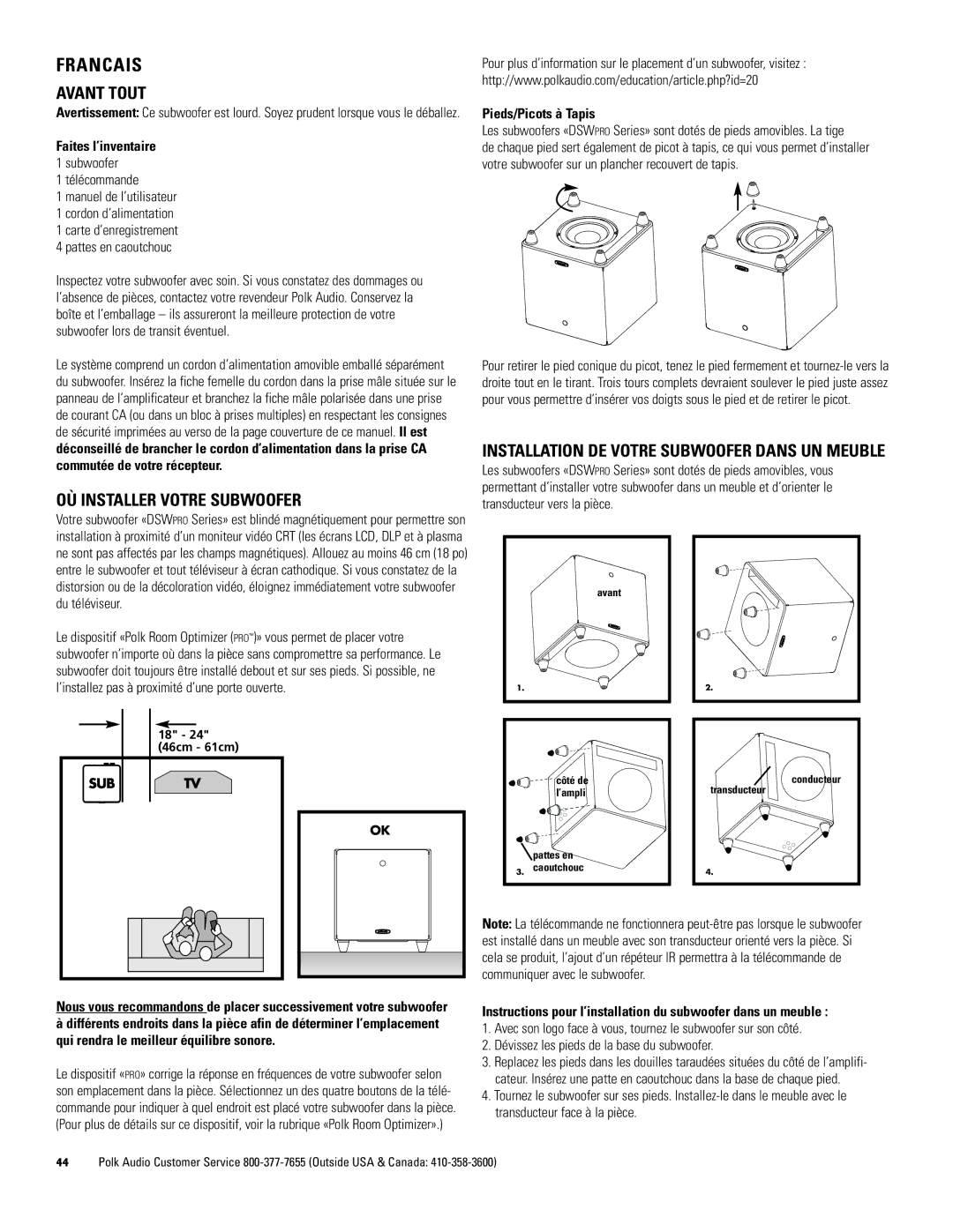 Polk Audio DSWPRO600, DSWPRO500, DSWPRO400 owner manual Avant Tout, OÙ Installer Votre Subwoofer, Pieds/Picots à Tapis 