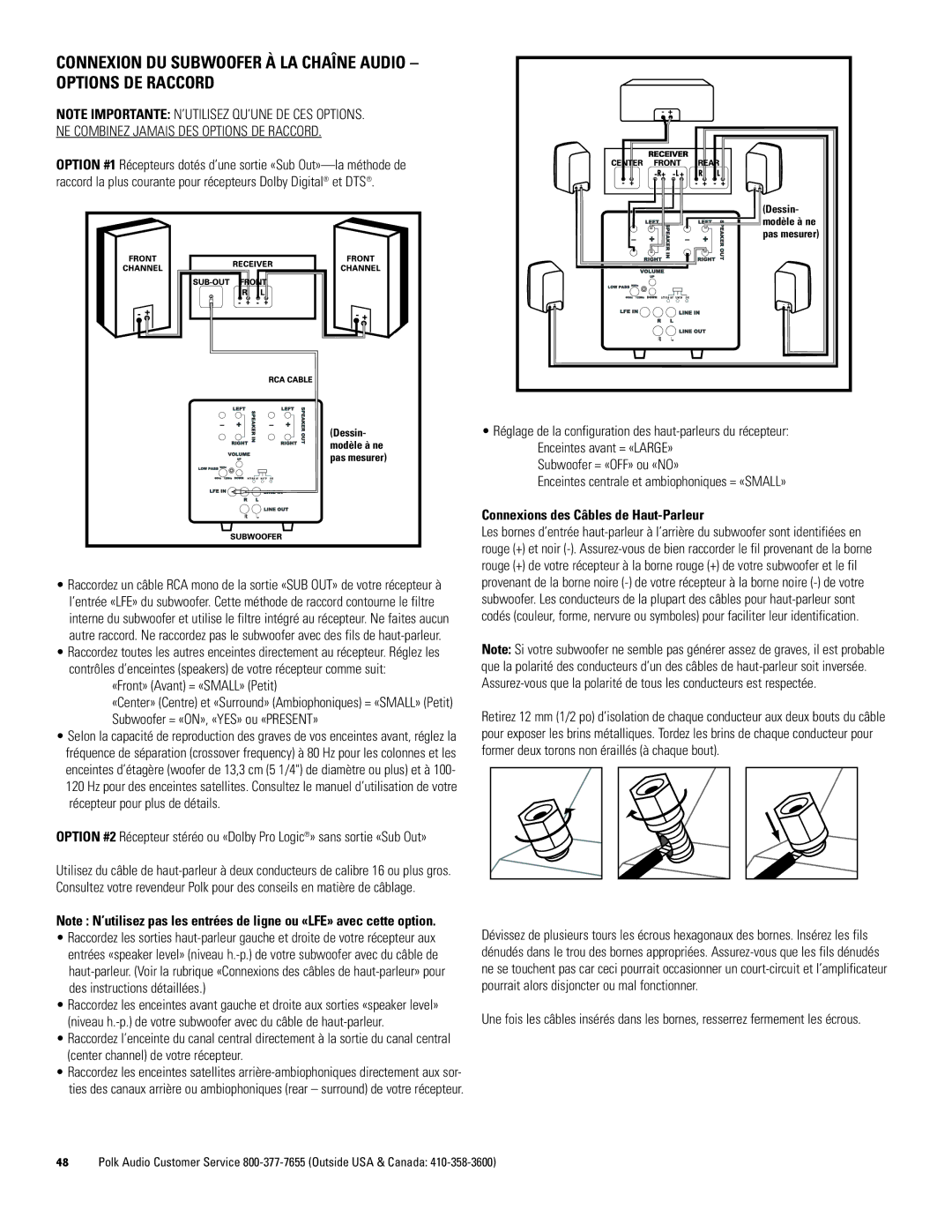 Polk Audio DSWPRO500, DSWPRO400 Connexion DU Subwoofer À LA Chaîne Audio Options DE Raccord, «Front» Avant = «SMALL» Petit 