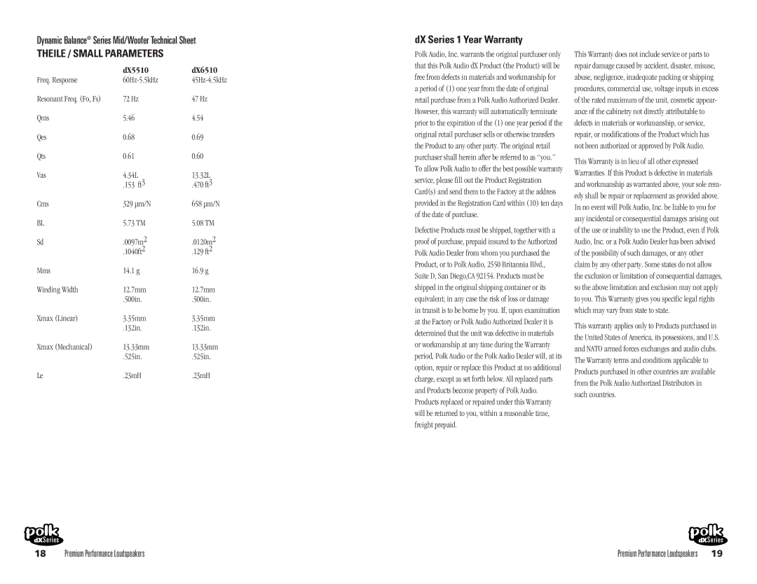 Polk Audio DX3065, DX5510, DX3055, DX3000 Dynamic Balance Series Mid/Woofer Technical Sheet, DX Series 1 Year Warranty 