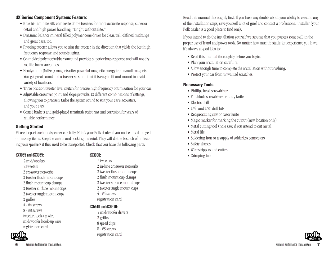 Polk Audio DX6510, DX3065, DX5510, DX3055, DX3000 DX Series Component Systems Feature, Getting Started, Necessary Tools 