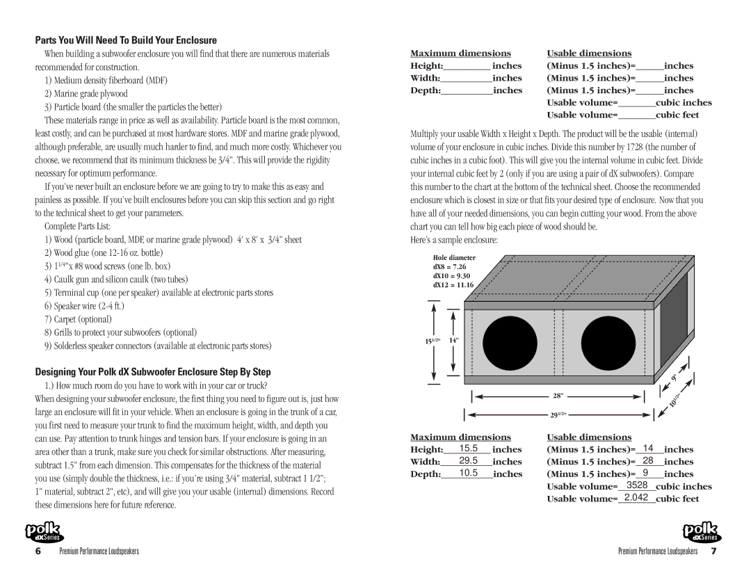 Polk Audio dX8 Parts You Will Need To Build Your Enclosure, Designing Your Polk dX Subwoofer Enclosure Step By Step 